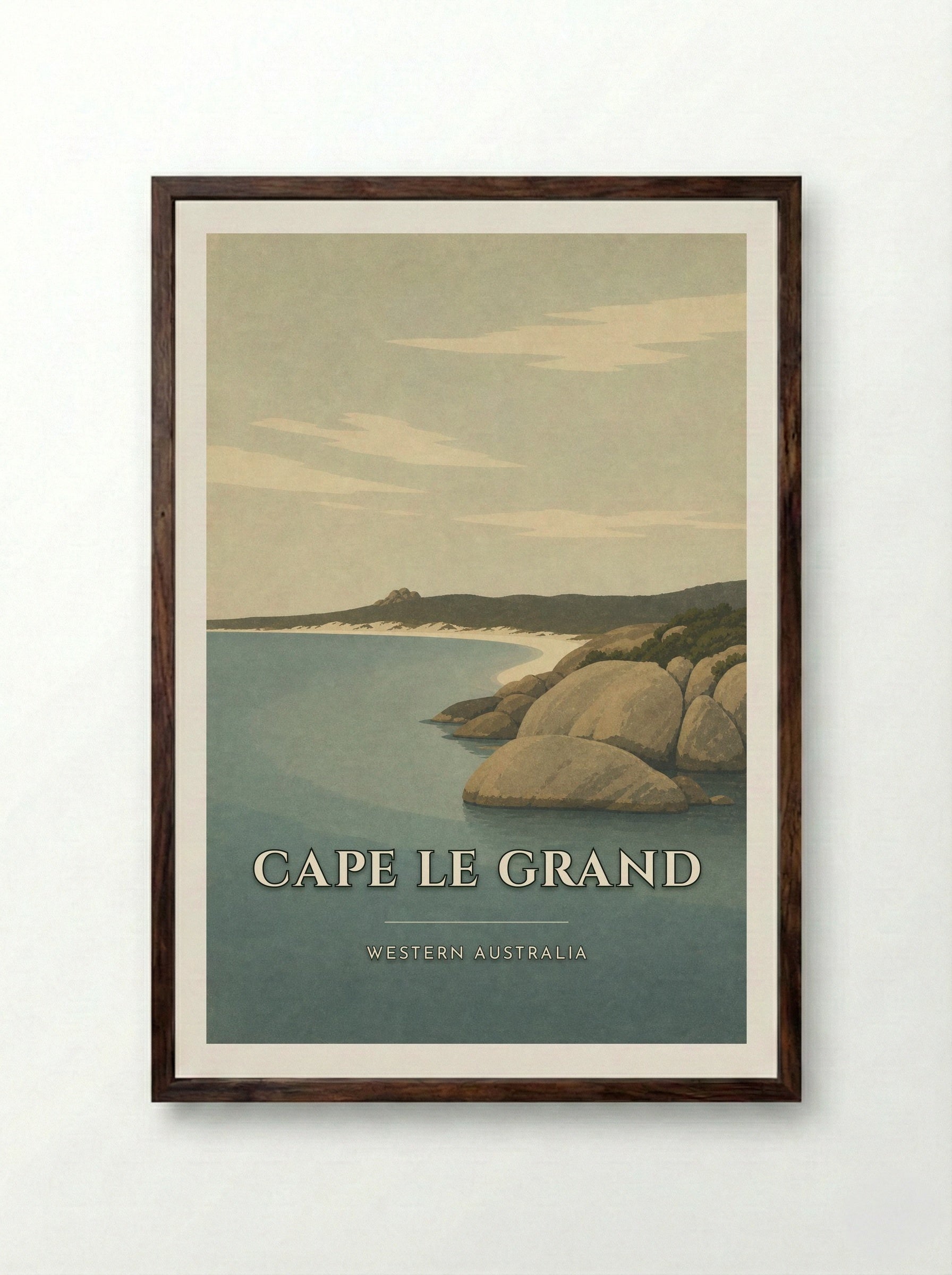 Cape Le Grand Travel Poster Artwork - Framed Print Dark Wood