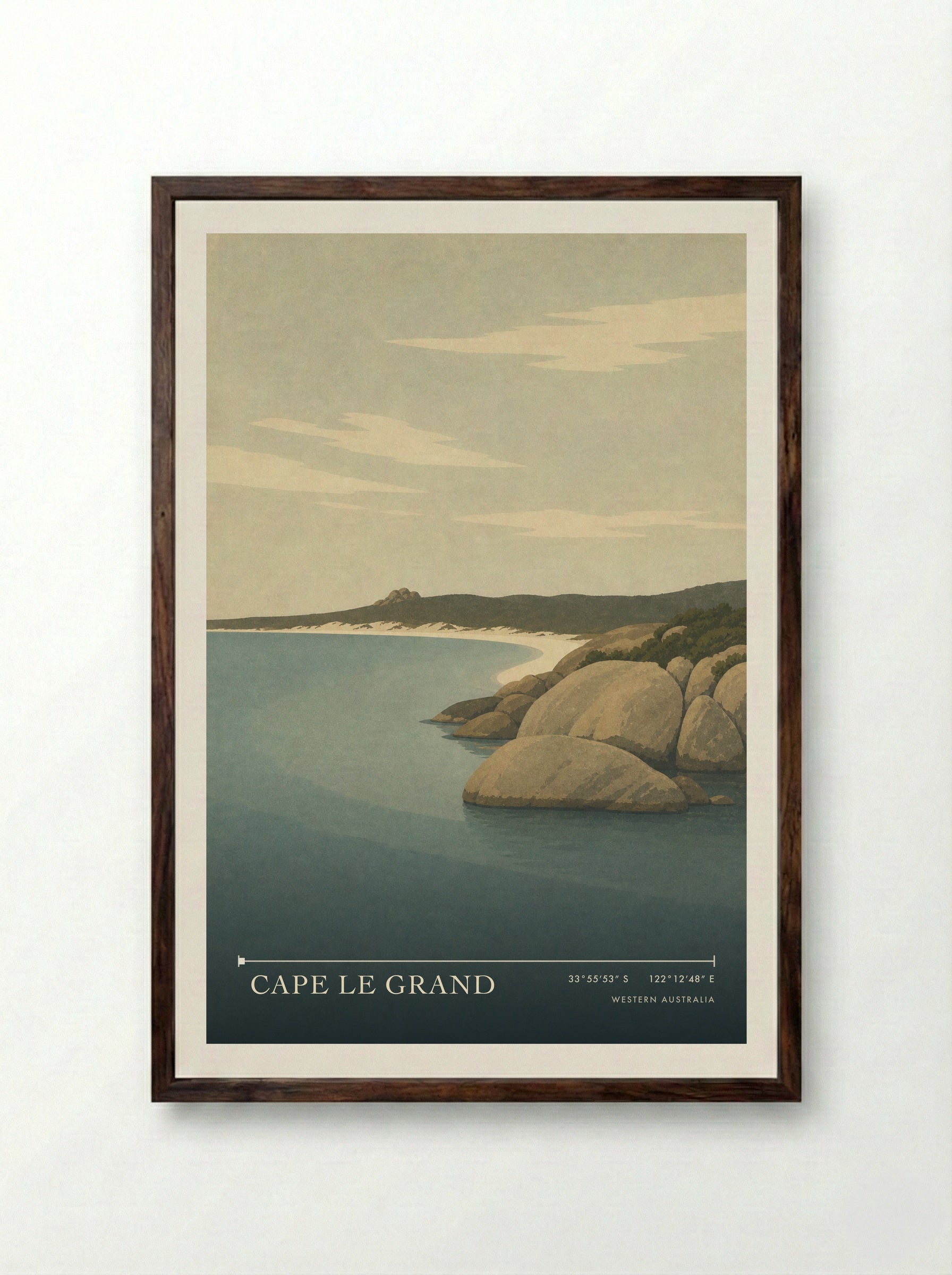 Cape Le Grand Travel Poster Artwork - Framed Print Dark Wood