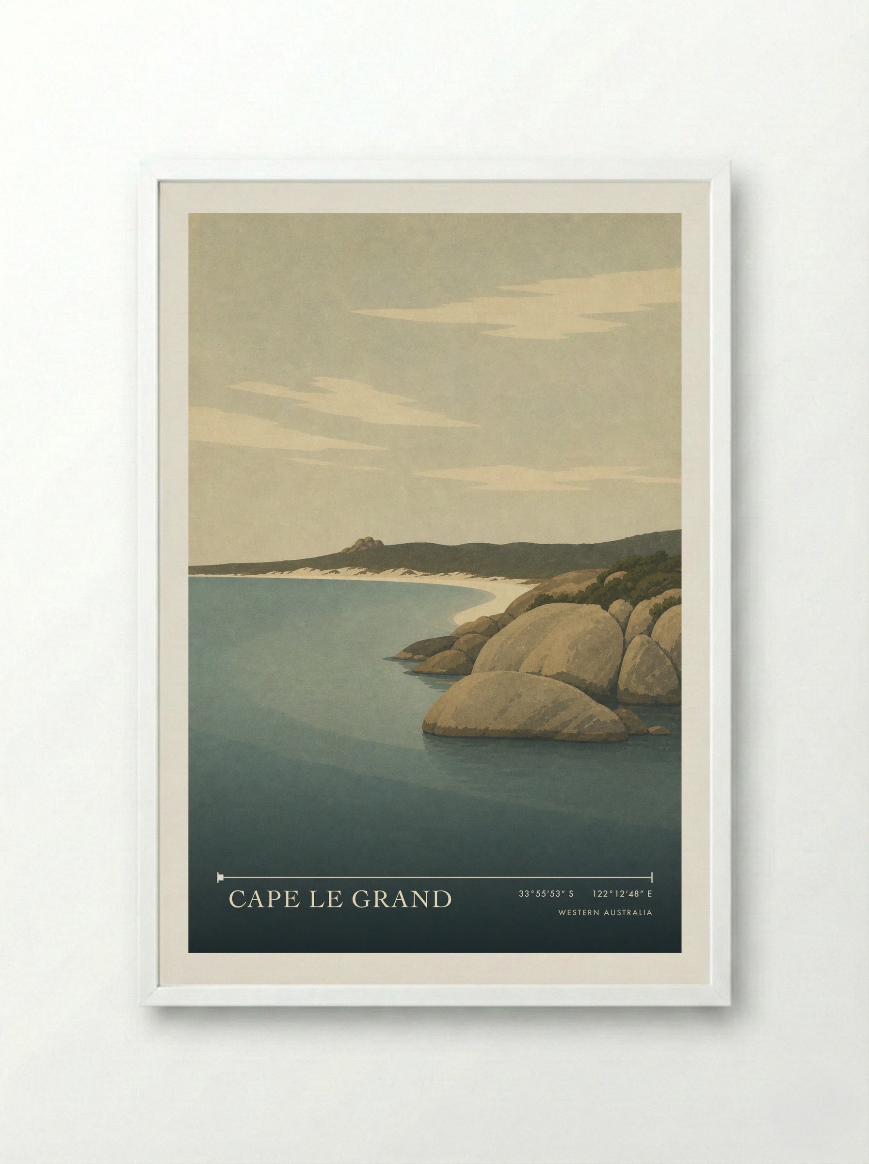 Cape Le Grand Travel Poster Artwork - Framed Print White