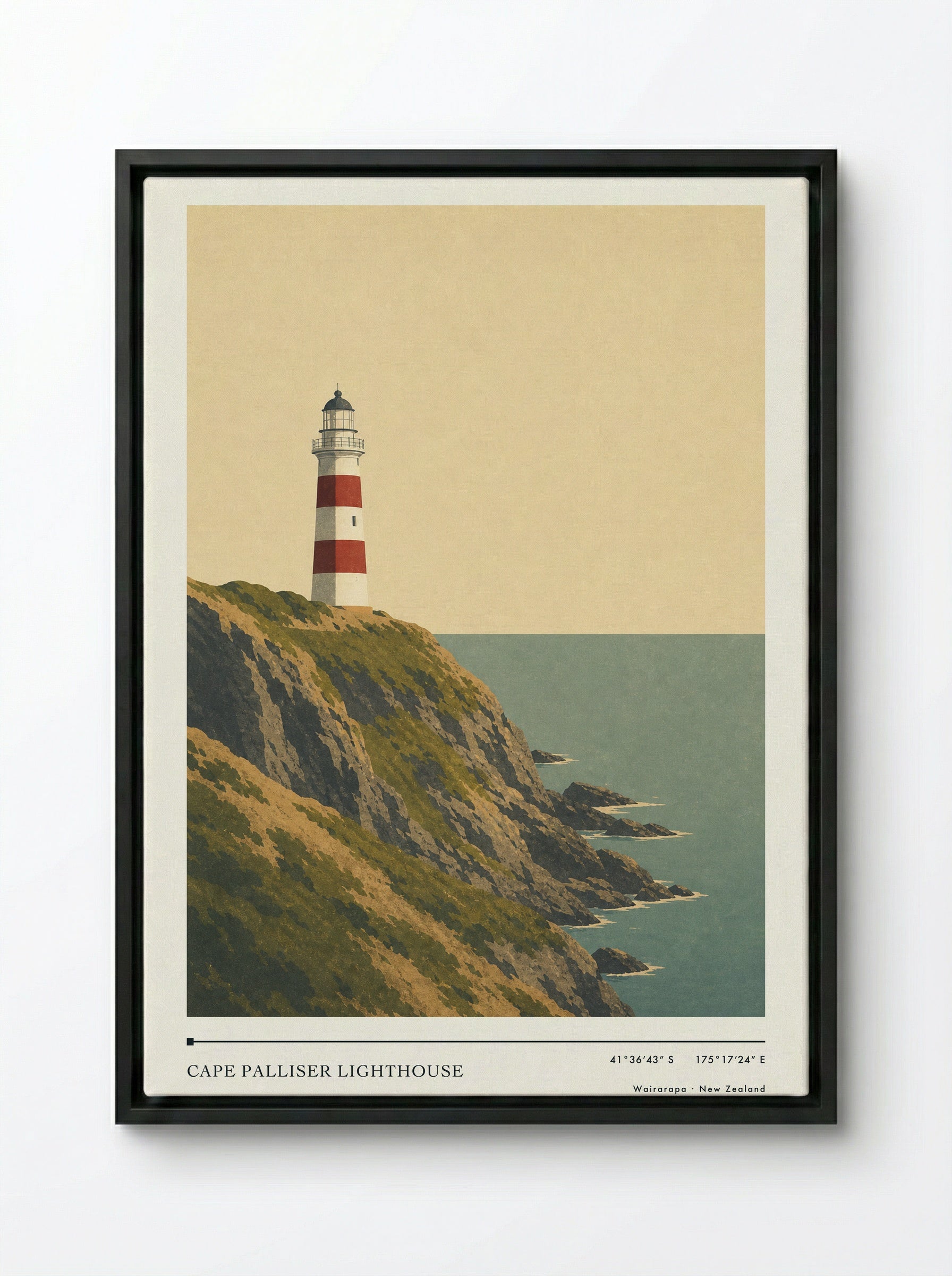 Cape Palliser Lighthouse Travel Poster Artwork - Framed Canvas Black