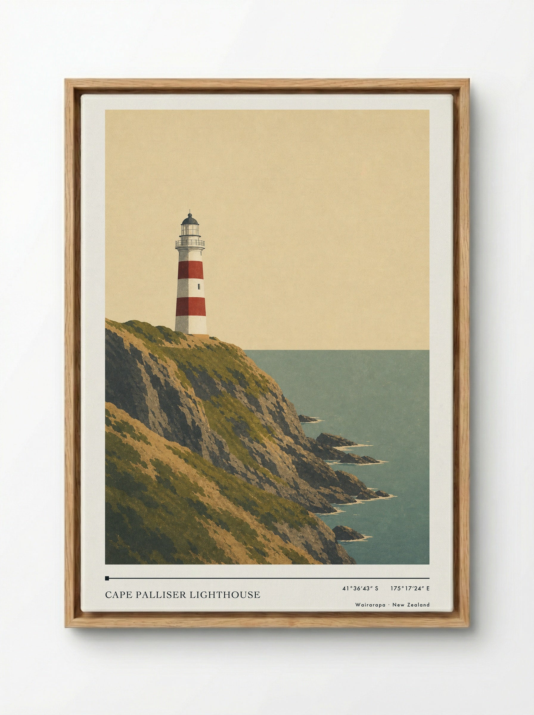 Cape Palliser Lighthouse Travel Poster Artwork - Framed Canvas Wood