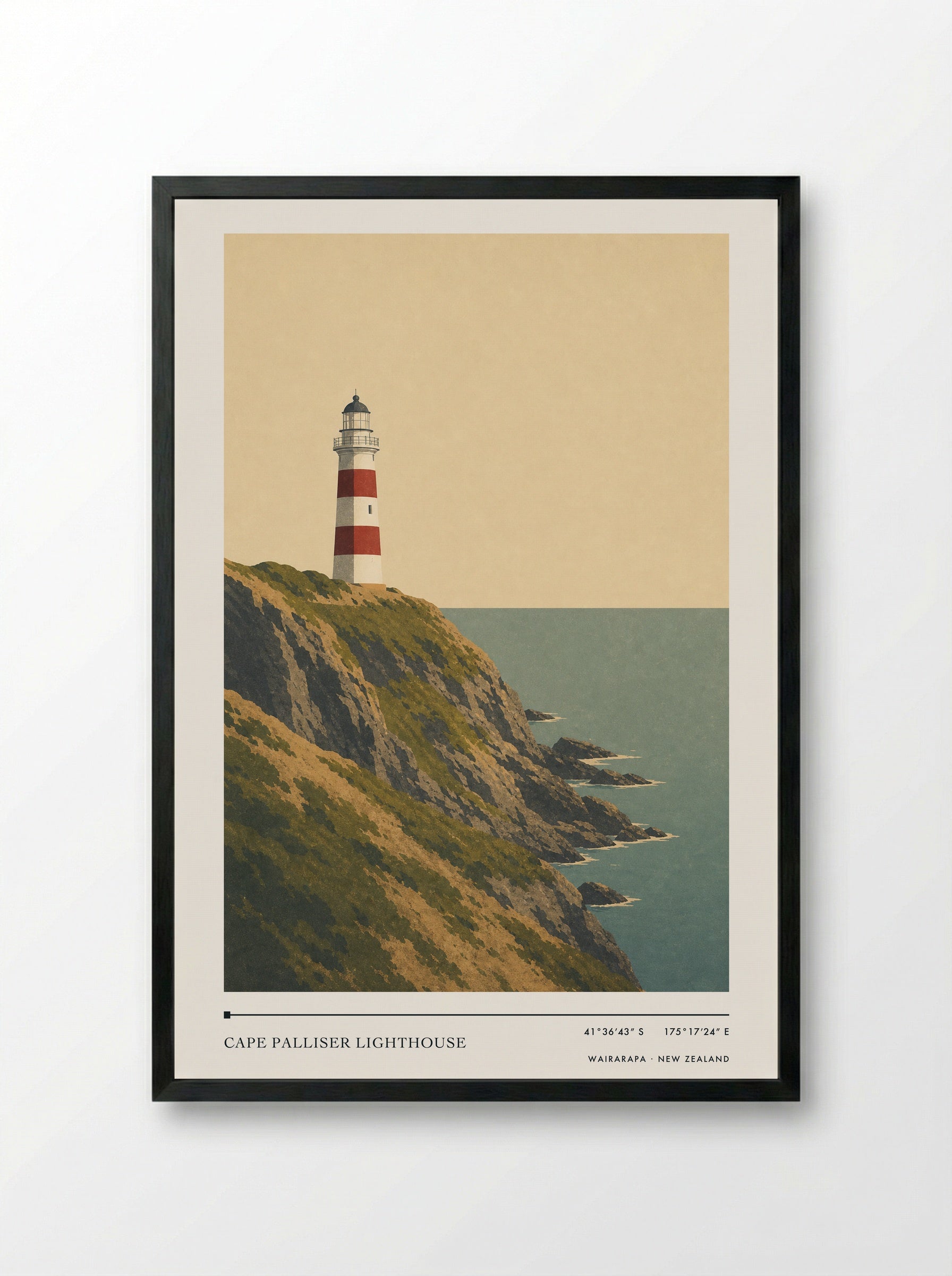 Cape Palliser Lighthouse Travel Poster Artwork - Framed Print Black