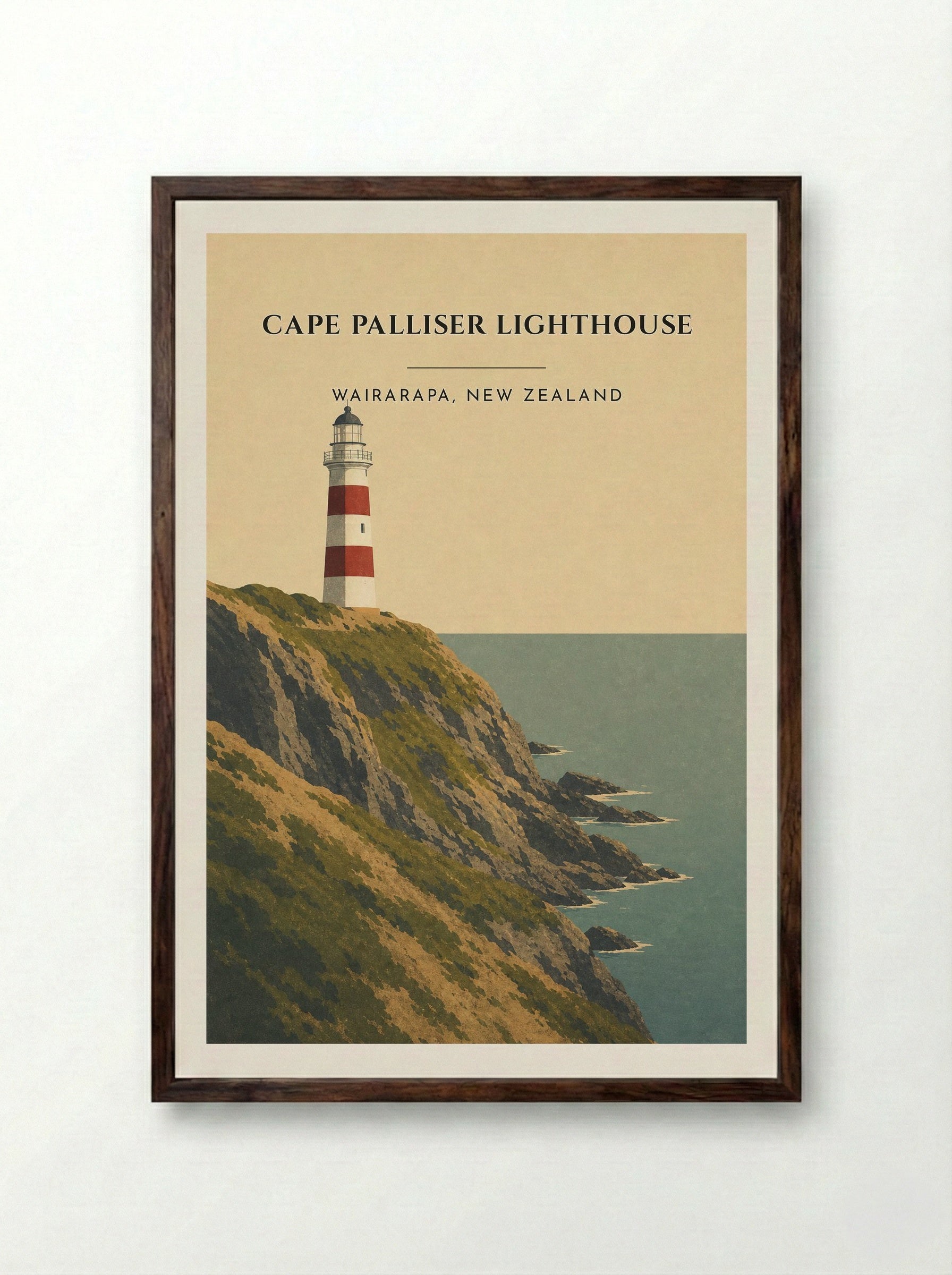 Cape Palliser Lighthouse Travel Poster Artwork - Framed Print Dark Wood