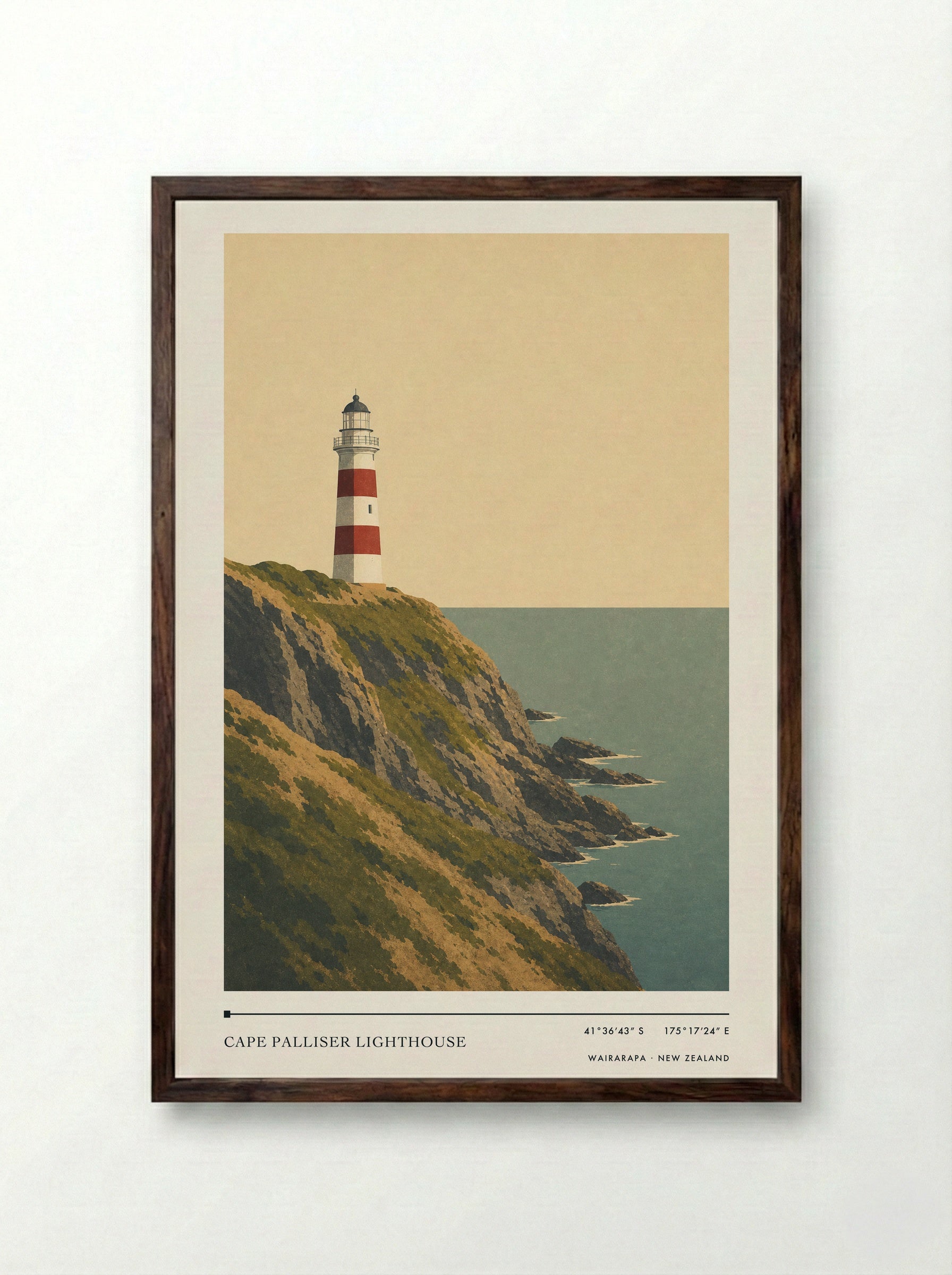 Cape Palliser Lighthouse Travel Poster Artwork - Framed Print Dark Wood