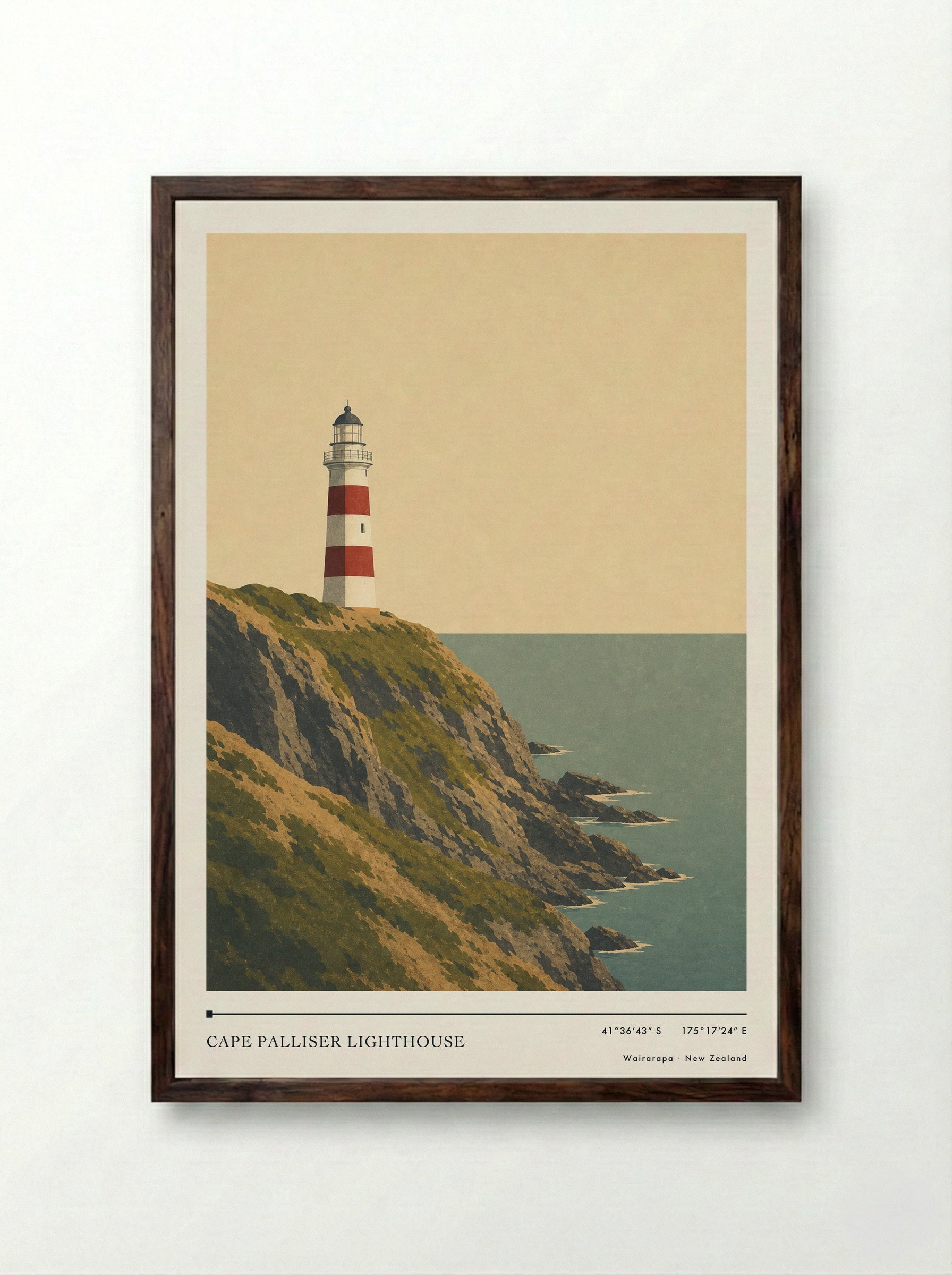 Cape Palliser Lighthouse Travel Poster Artwork - Framed Print Dark Wood