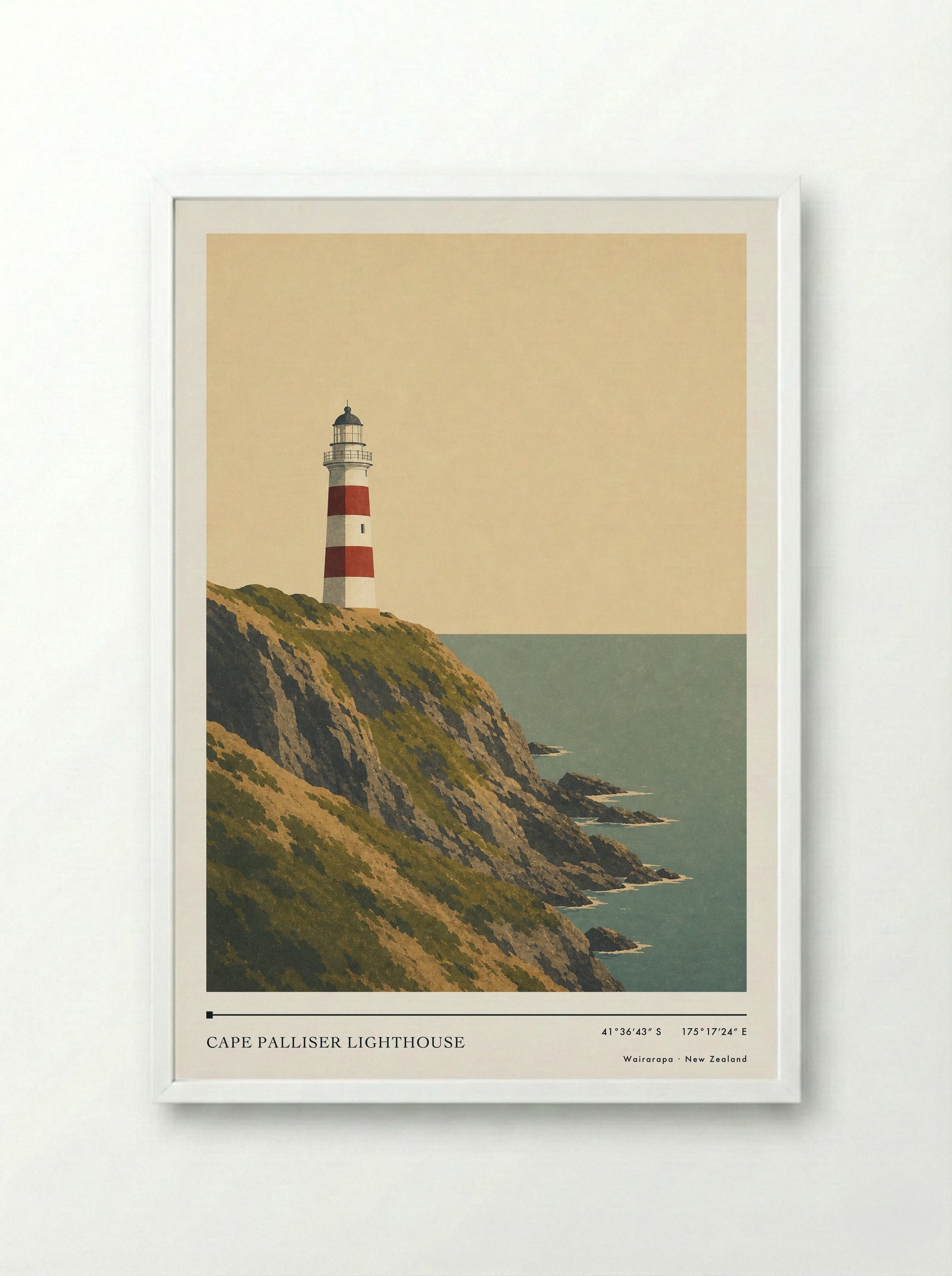 Cape Palliser Lighthouse Travel Poster Artwork - Framed Print White
