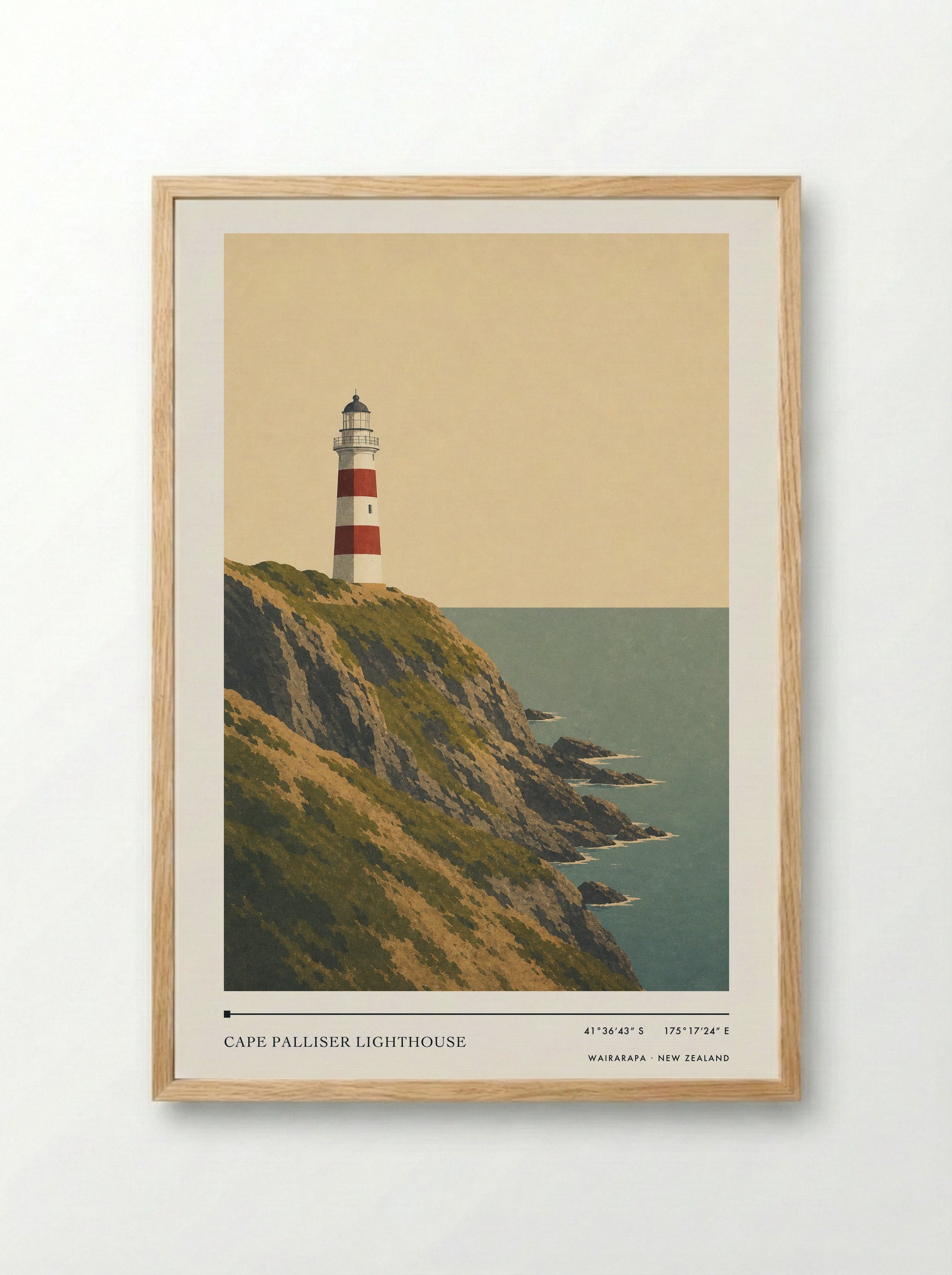 Cape Palliser Lighthouse Travel Poster Artwork - Framed Print Wood