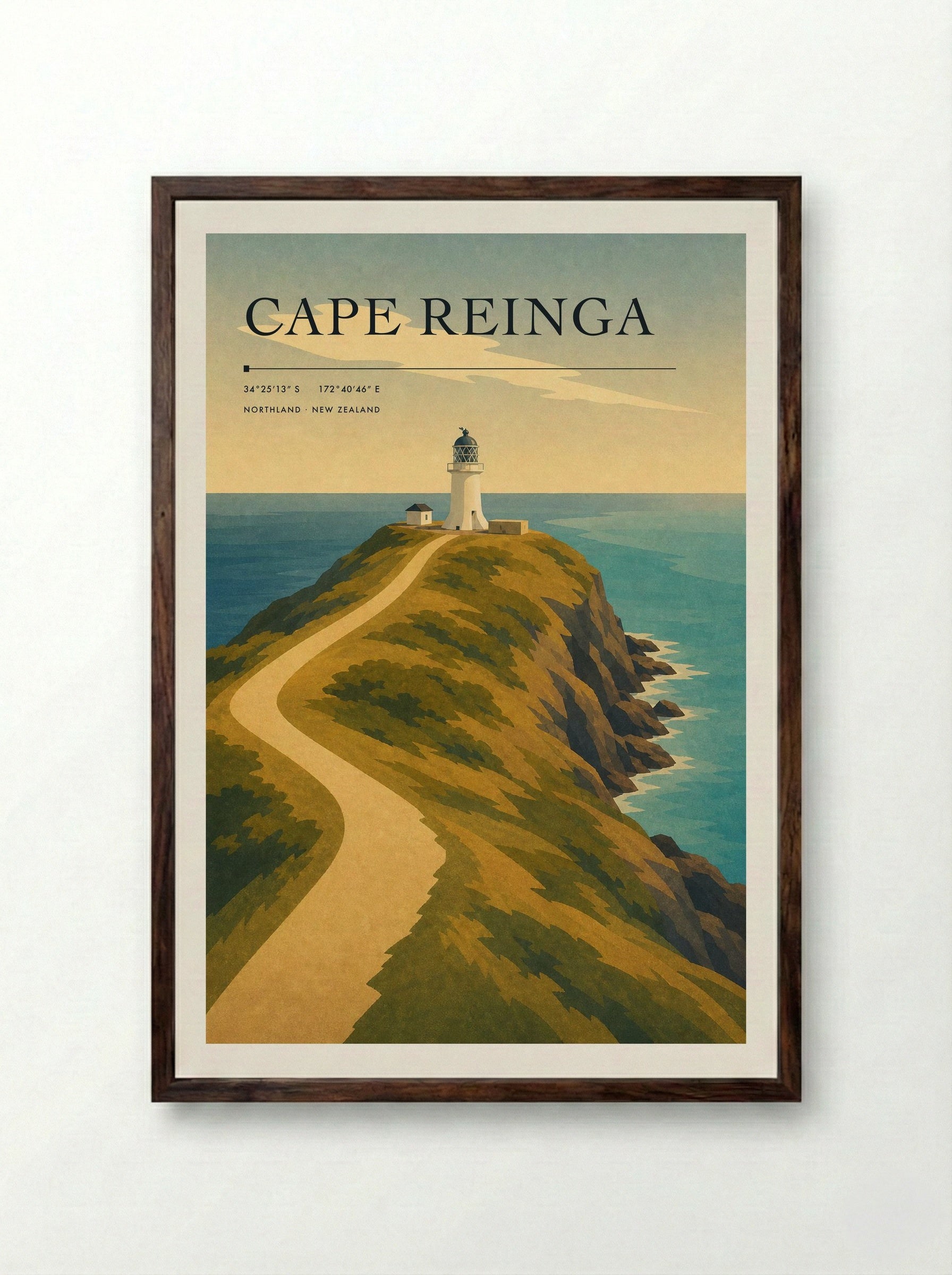 Cape Reinga Travel Poster Artwork - Framed Print Dark Wood