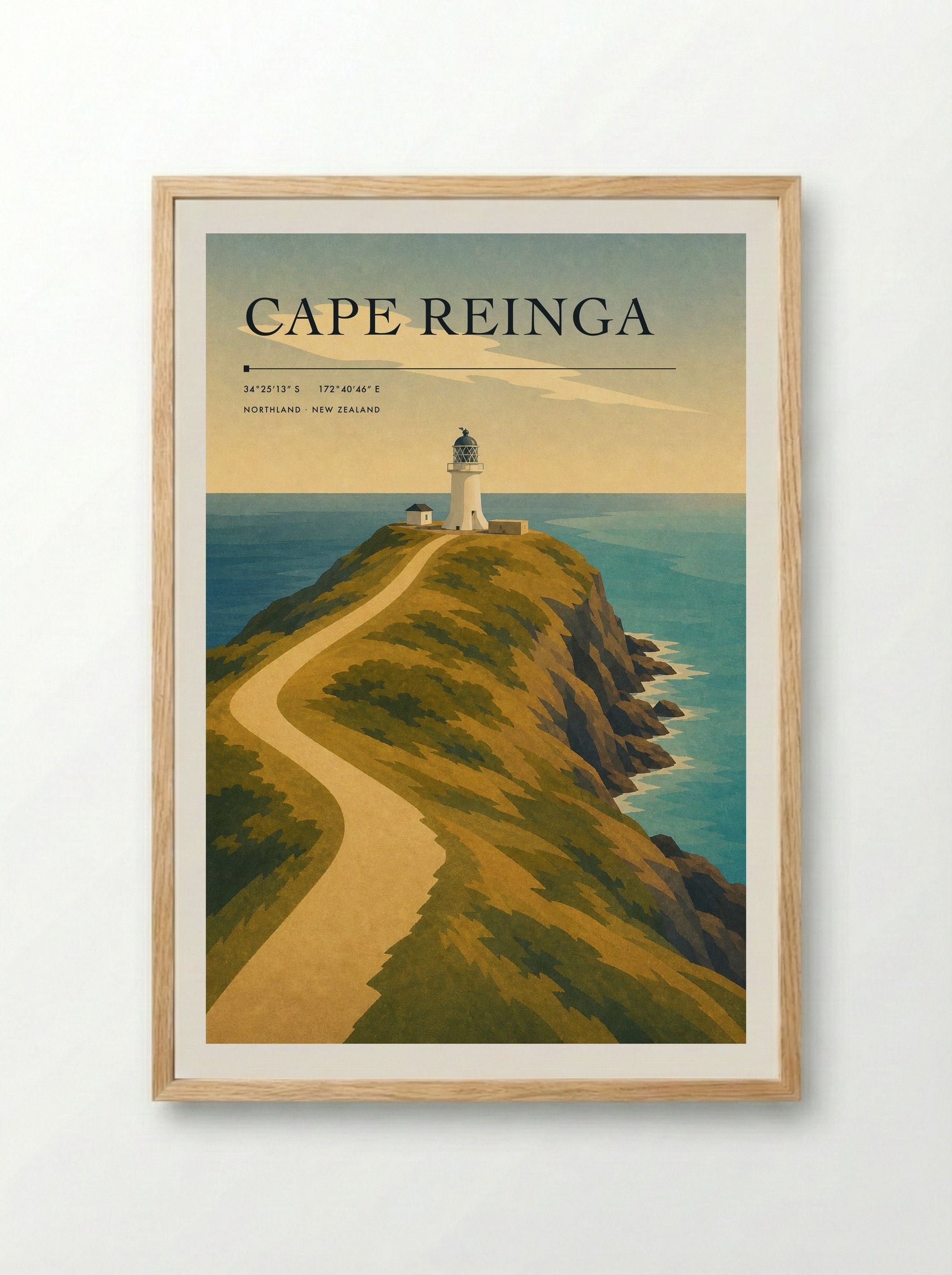 Cape Reinga Travel Poster Artwork - Framed Print Wood