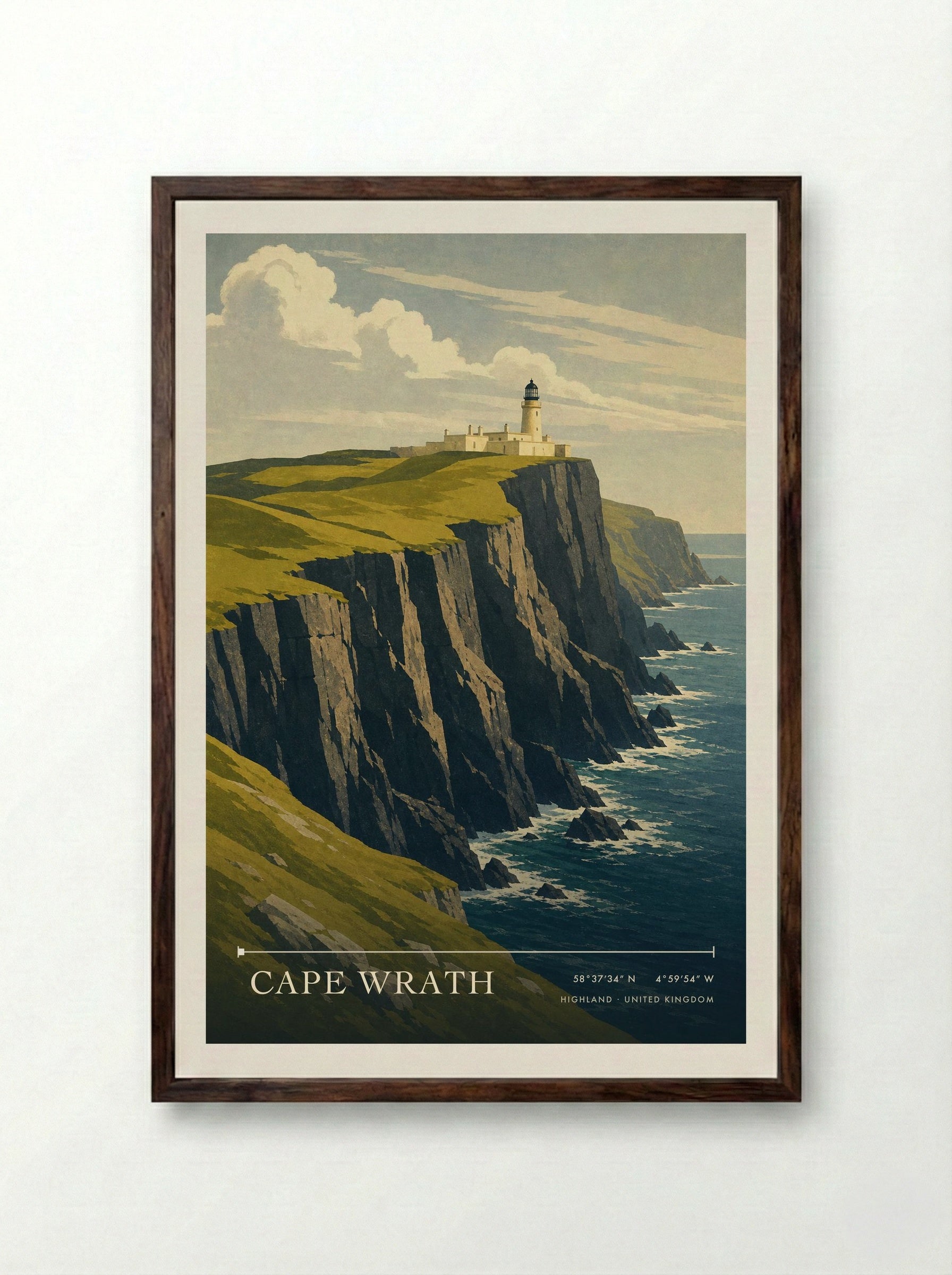 Cape Wrath Highland United Kingdom Travel Poster - Framed Print Dark Wood