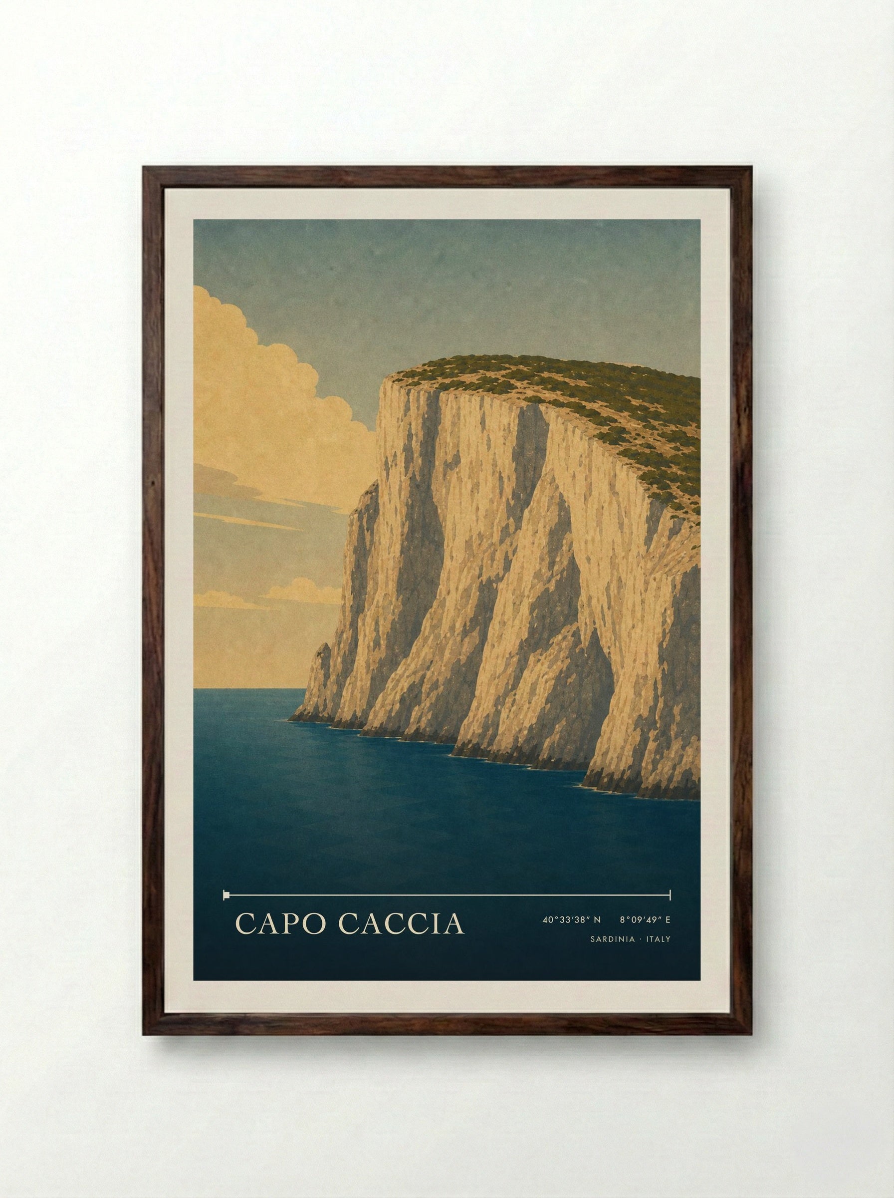 Capo Caccia Travel Poster Artwork - Framed Print Dark Wood
