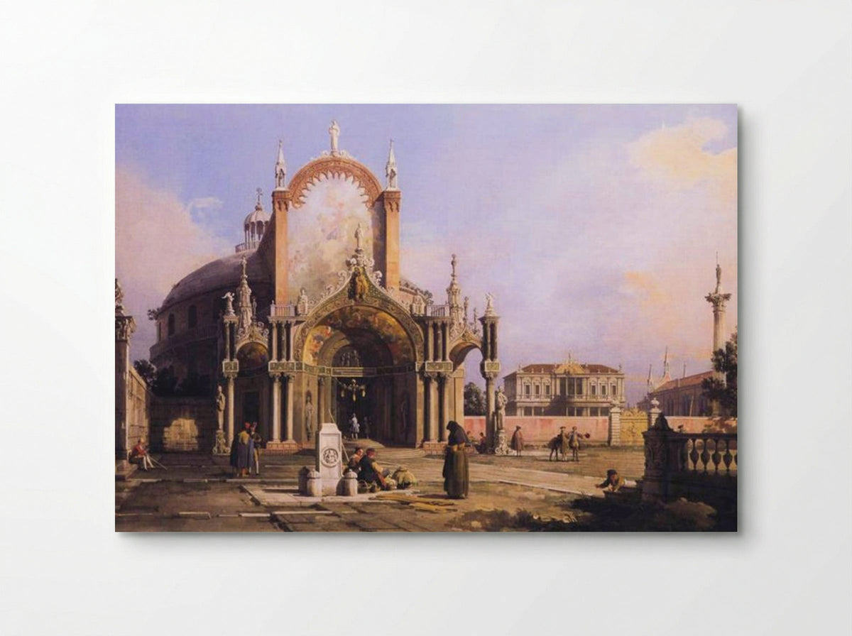 Capriccio of a Round Church with an Elaborate Gothic Portico in a Piazza, a Palladian Piazza and a Gothic Church Beyond - Canaletto - Poster