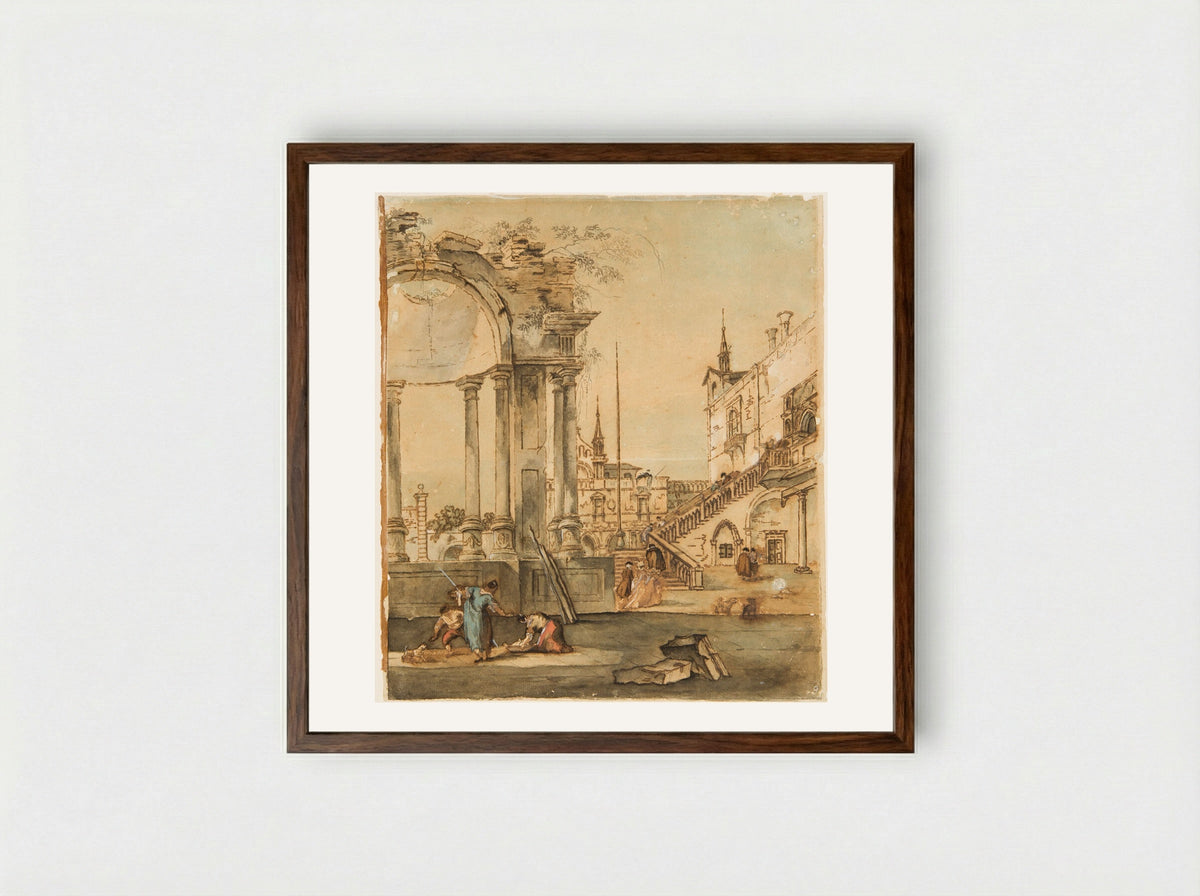 Capriccio with Ruins and Figures - Francesco Guardi - Framed Print Dark Wood