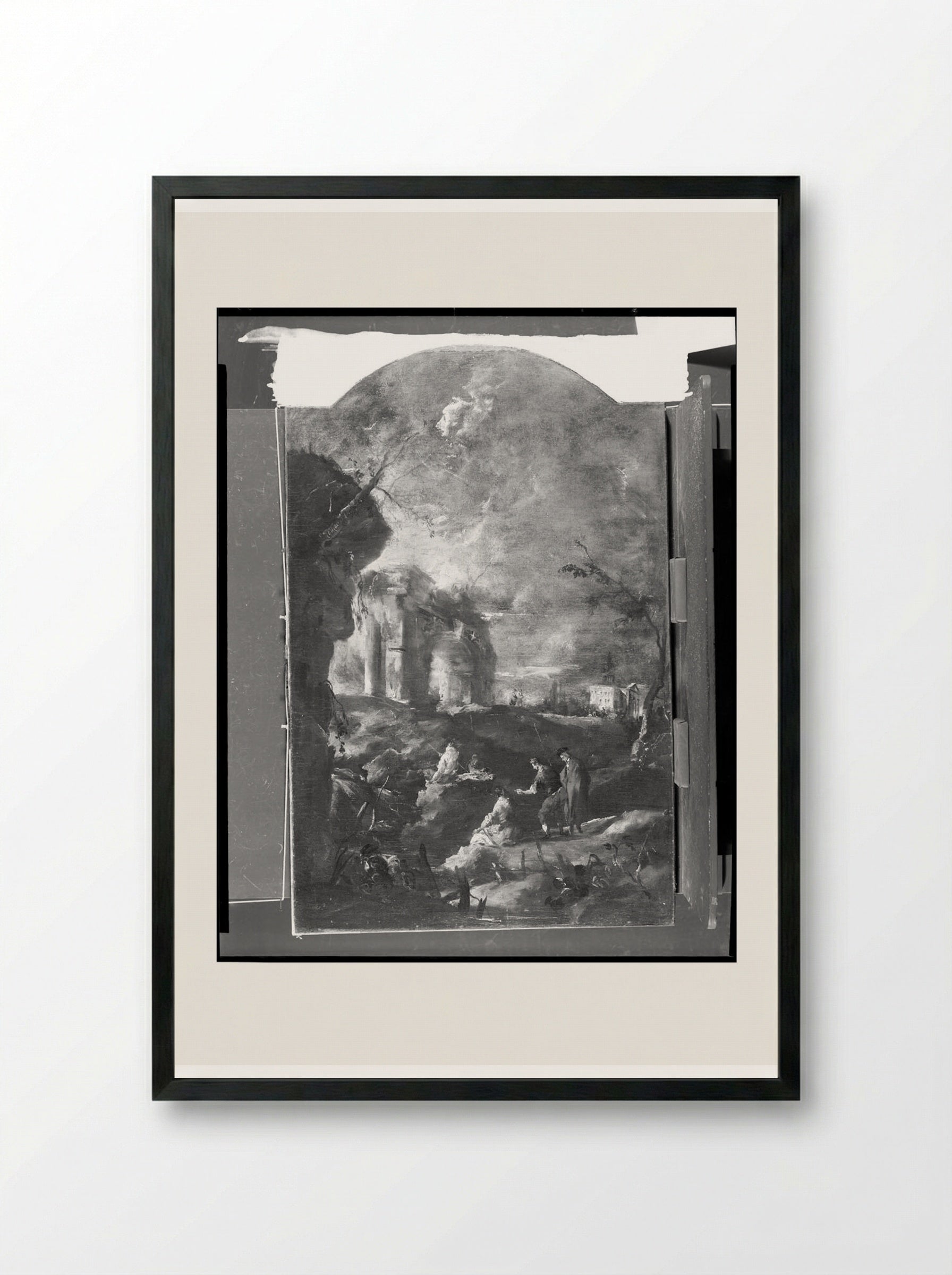 Capriccio: River Landscape with Roman Arch, Villa and Fishermen - Francesco Guardi - Framed Print Black