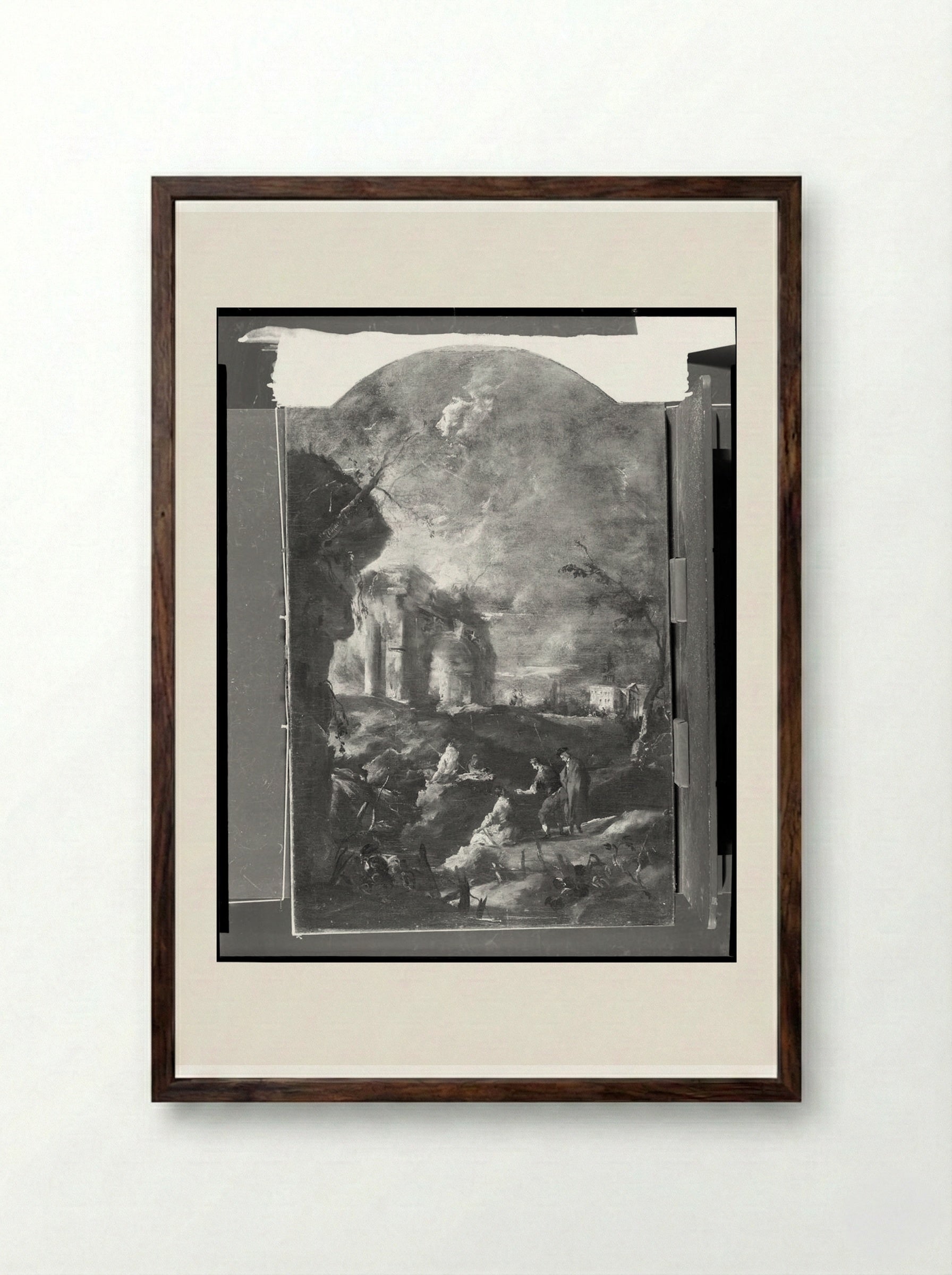 Capriccio: River Landscape with Roman Arch, Villa and Fishermen - Francesco Guardi - Framed Print Dark Wood