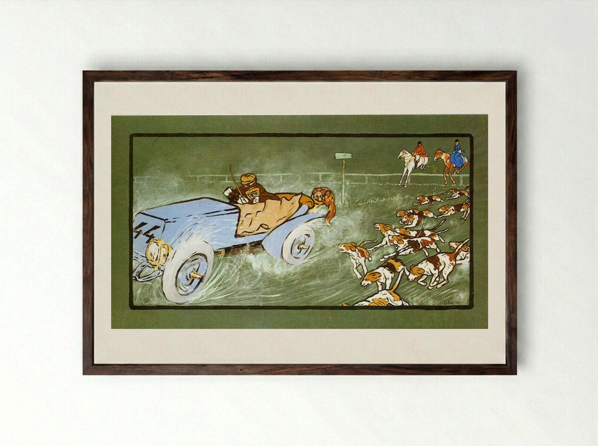 Car and Hunting Fox - Umberto Boccioni - Framed Print Dark Wood
