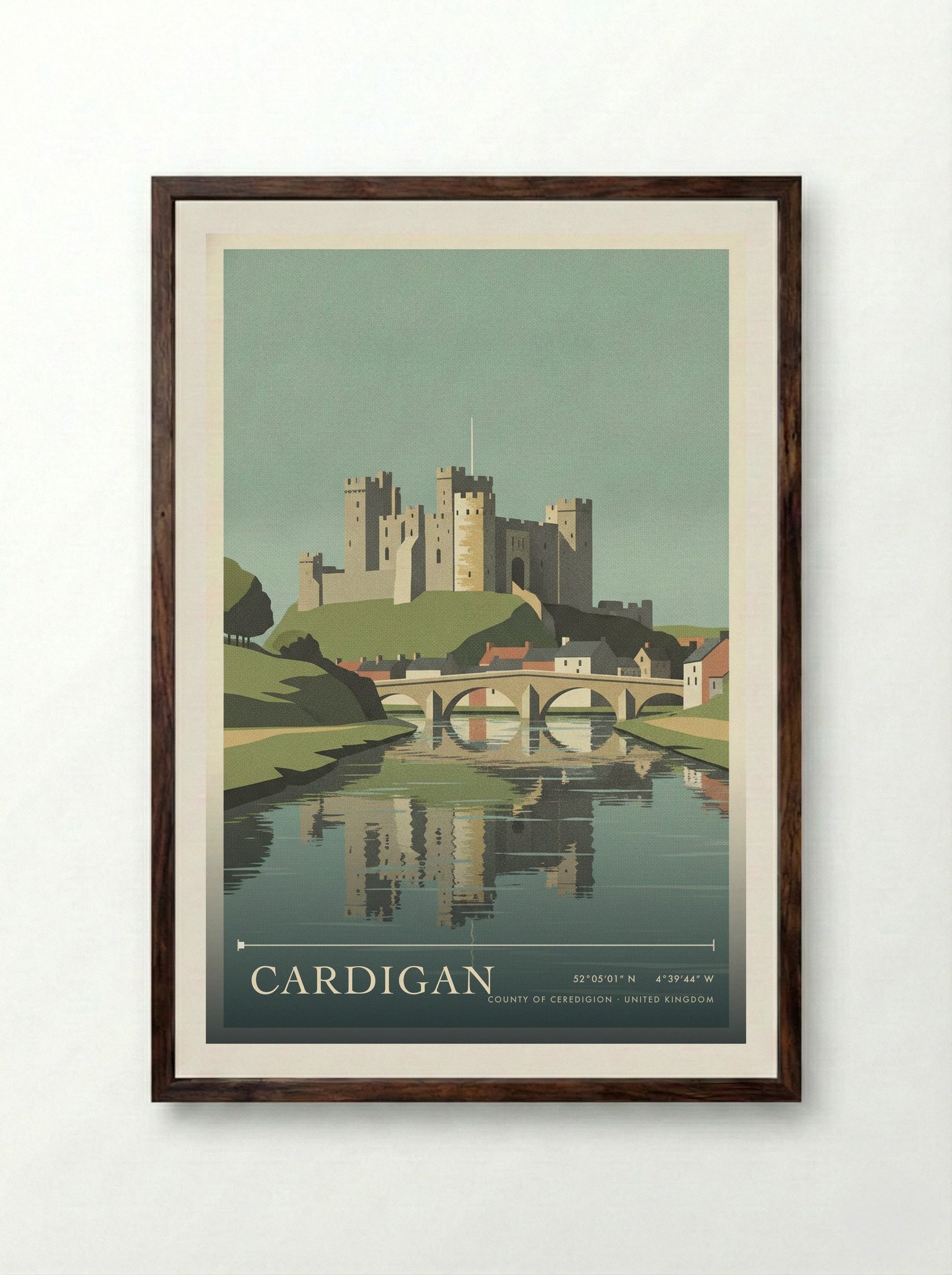 Cardigan County of Ceredigion United Kingdom Travel Poster - Framed Print Dark Wood
