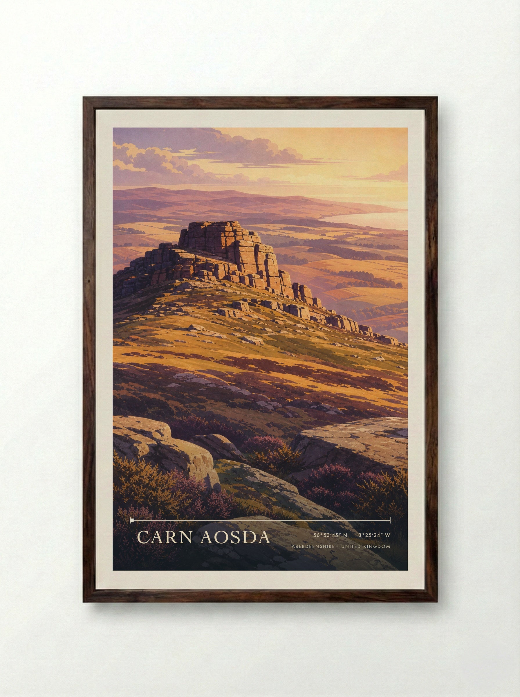 Carn Aosda Aberdeenshire United Kingdom Travel Poster - Framed Print Dark Wood