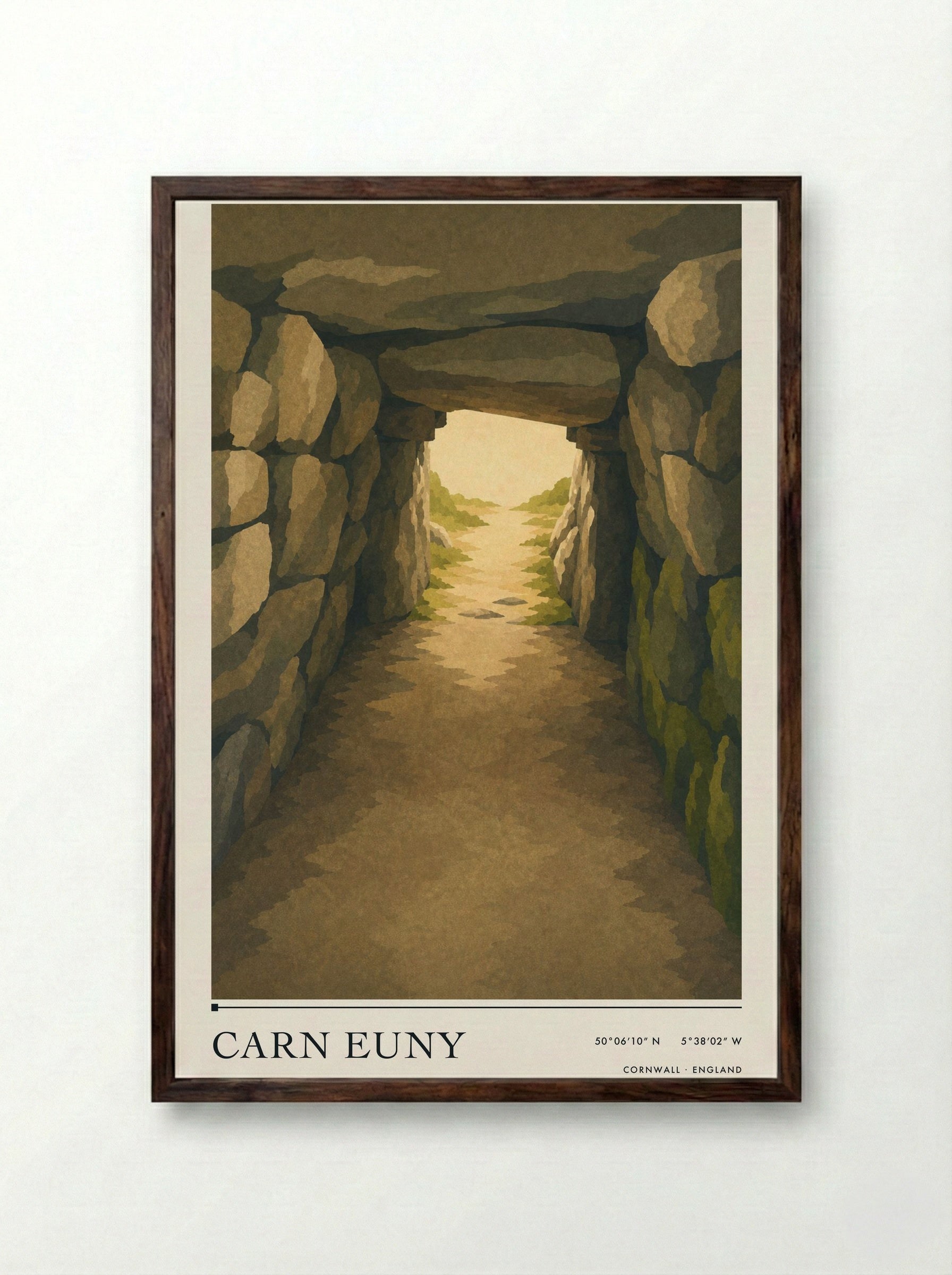 Carn Euny Cornwall England Travel Poster - Framed Print Dark Wood