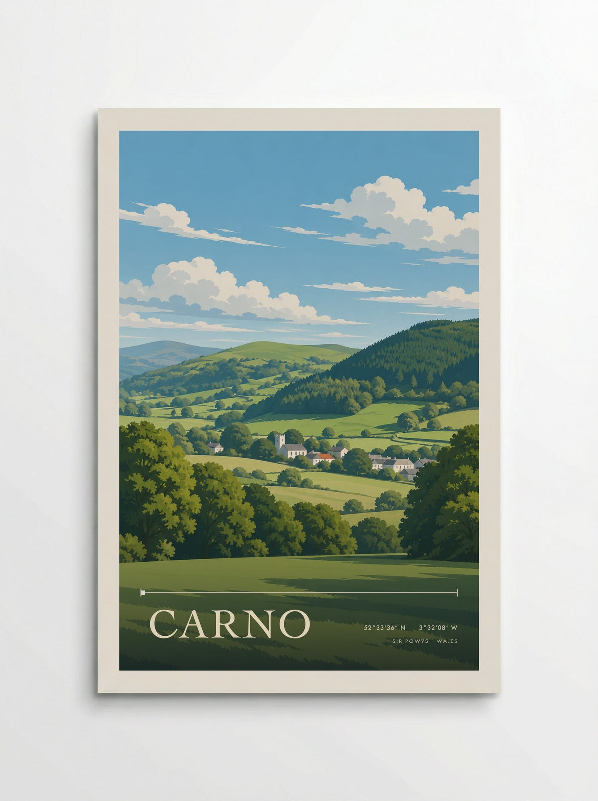 Carno, Sir Powys travel poster: white cottages, a small church tower and dark wooded slopes beneath the soft clouds of a summer day