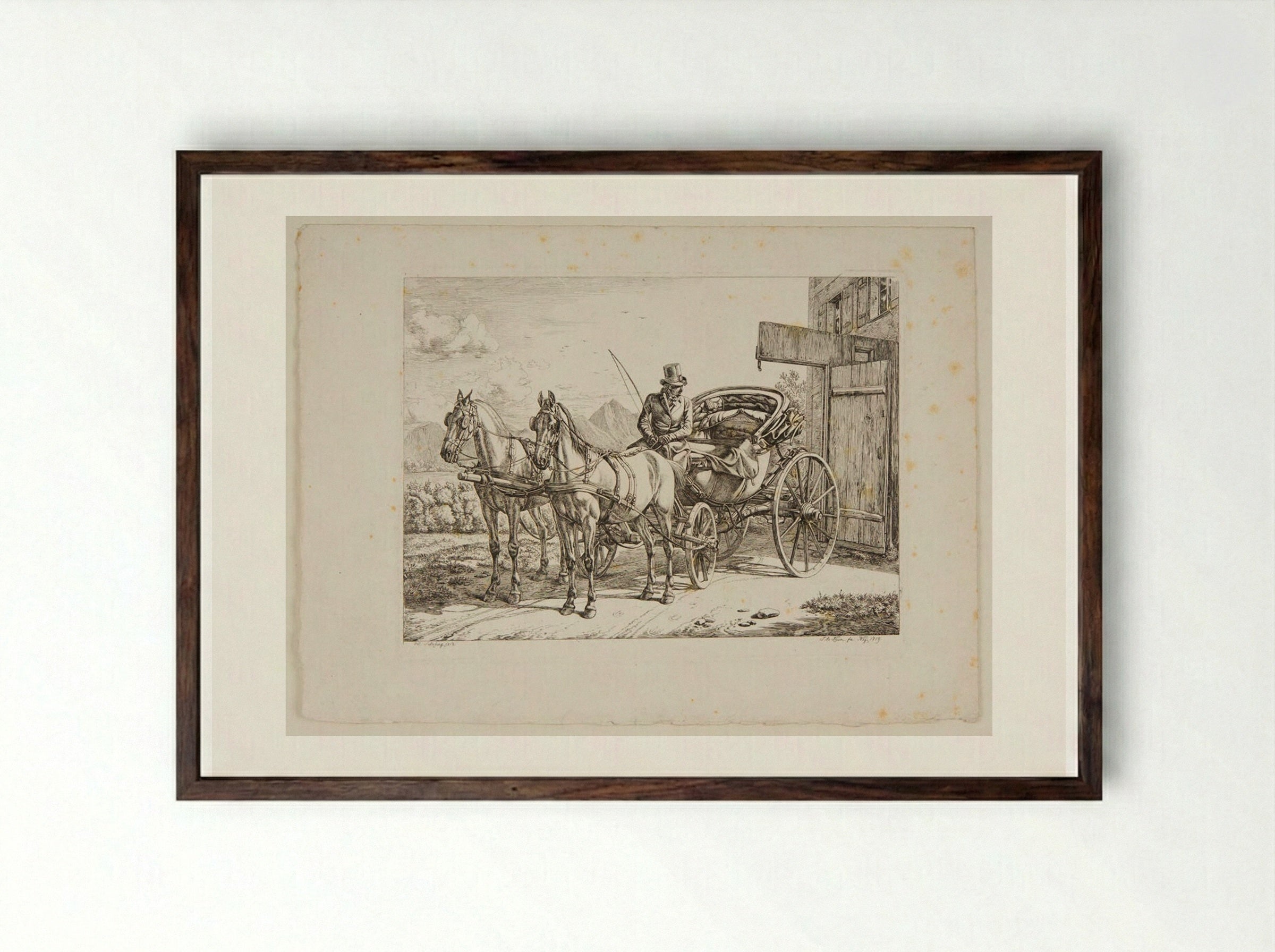 Carriage Drawn by Two Horses - Johann Adam Klein - Framed Print Dark Wood