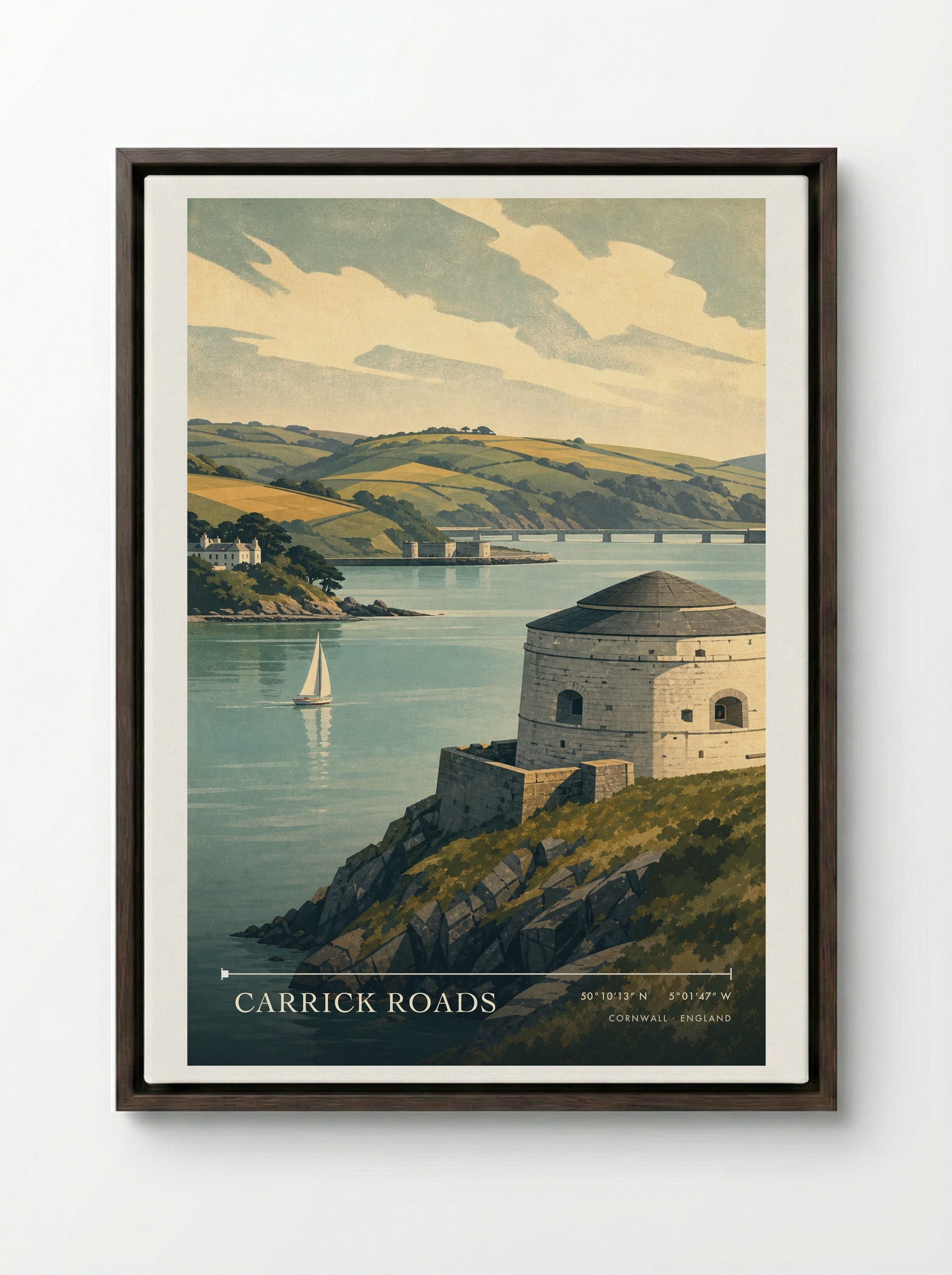 Carrick Roads Cornwall England Travel Poster - Framed Canvas Dark Wood