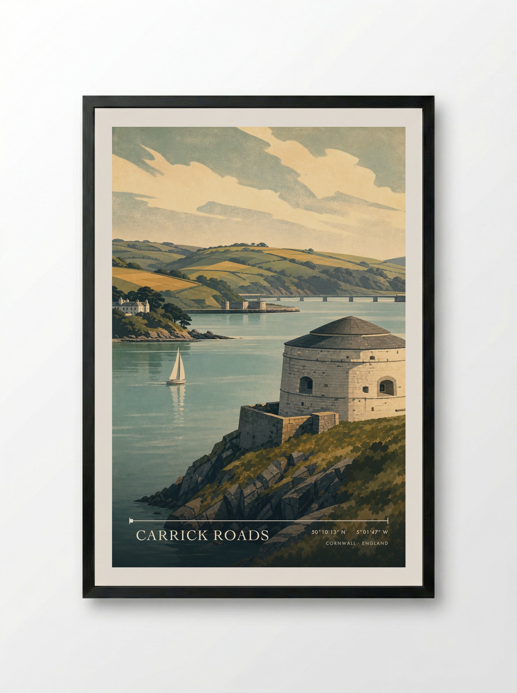 Carrick Roads Cornwall England Travel Poster - Framed Print Black