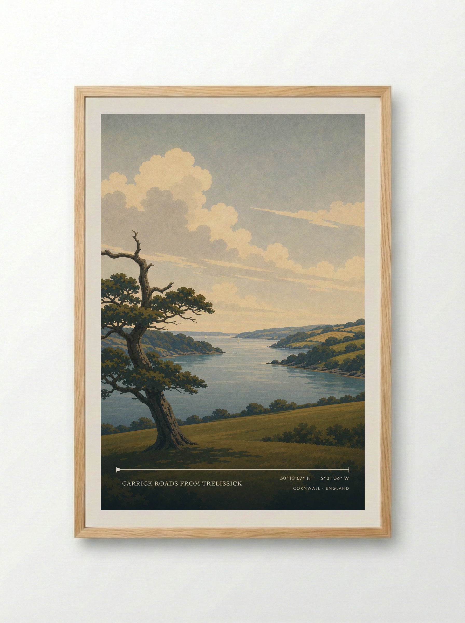 Carrick Roads from Trelissick Cornwall England Travel Poster - Framed Print Wood
