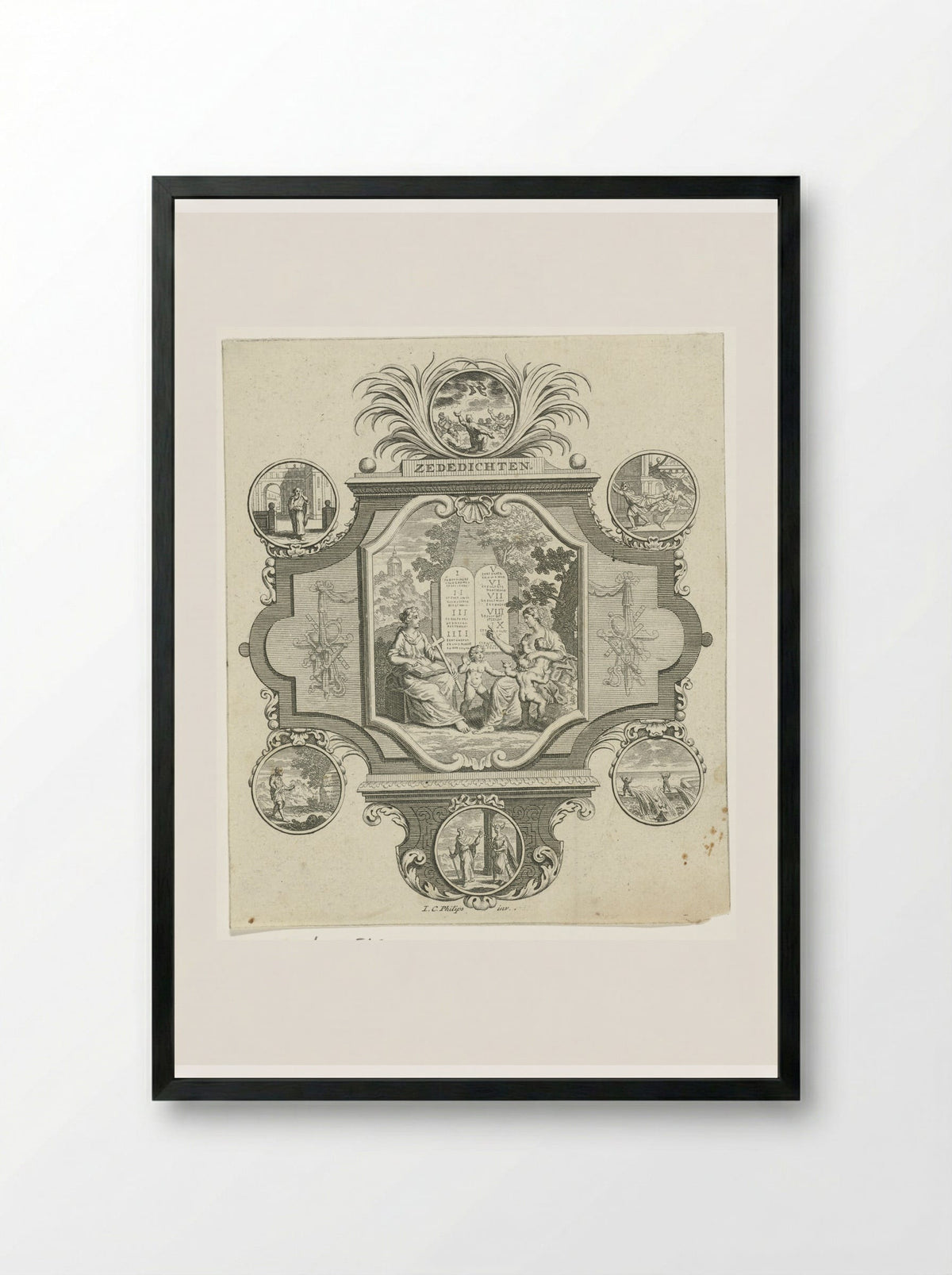 Cartouche met Geloof en Liefde bij de tien geboden - Jan Caspar Philips - Framed Print Black