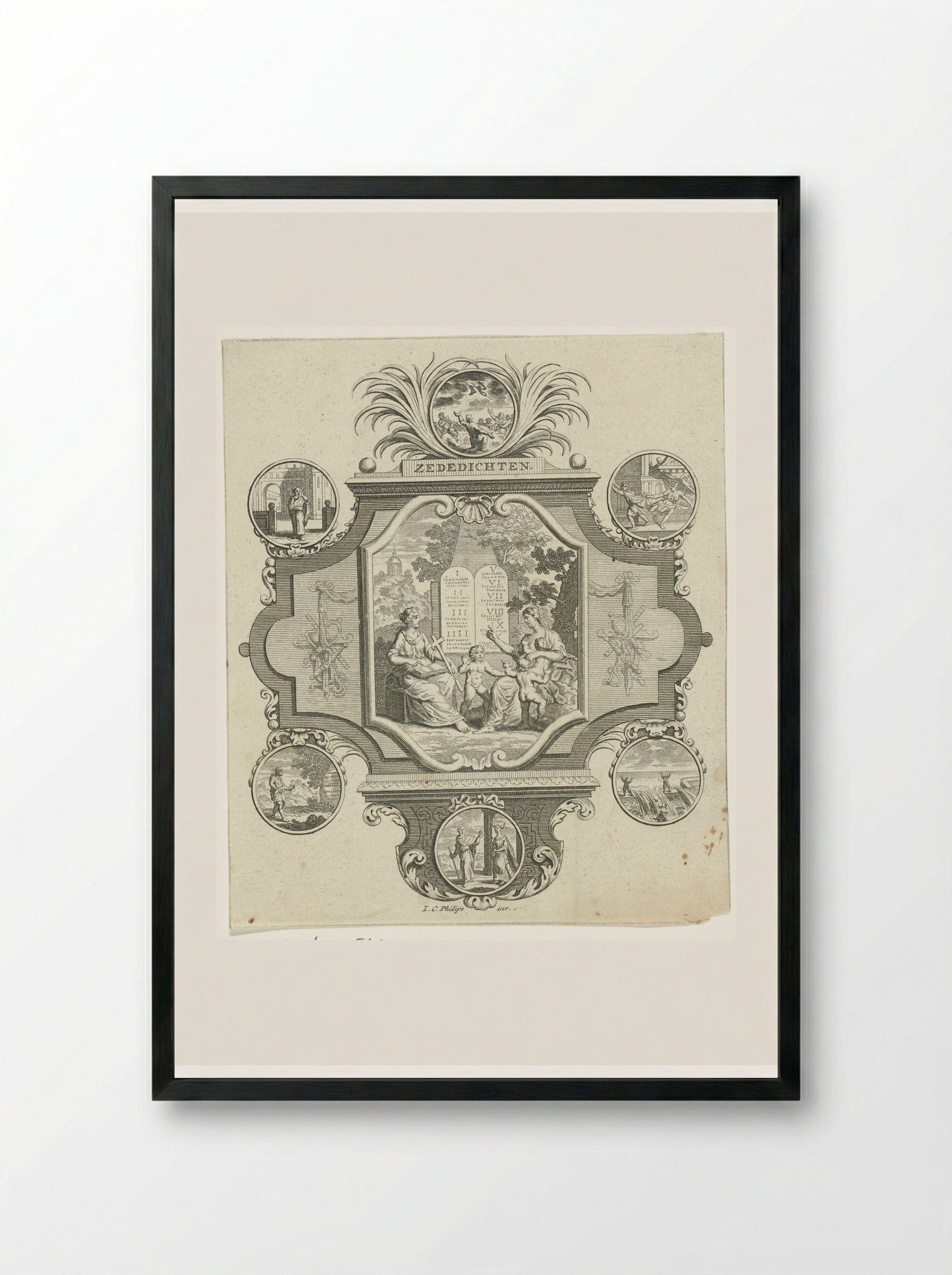 Cartouche met Geloof en Liefde bij de tien geboden - Jan Caspar Philips - Framed Print Black
