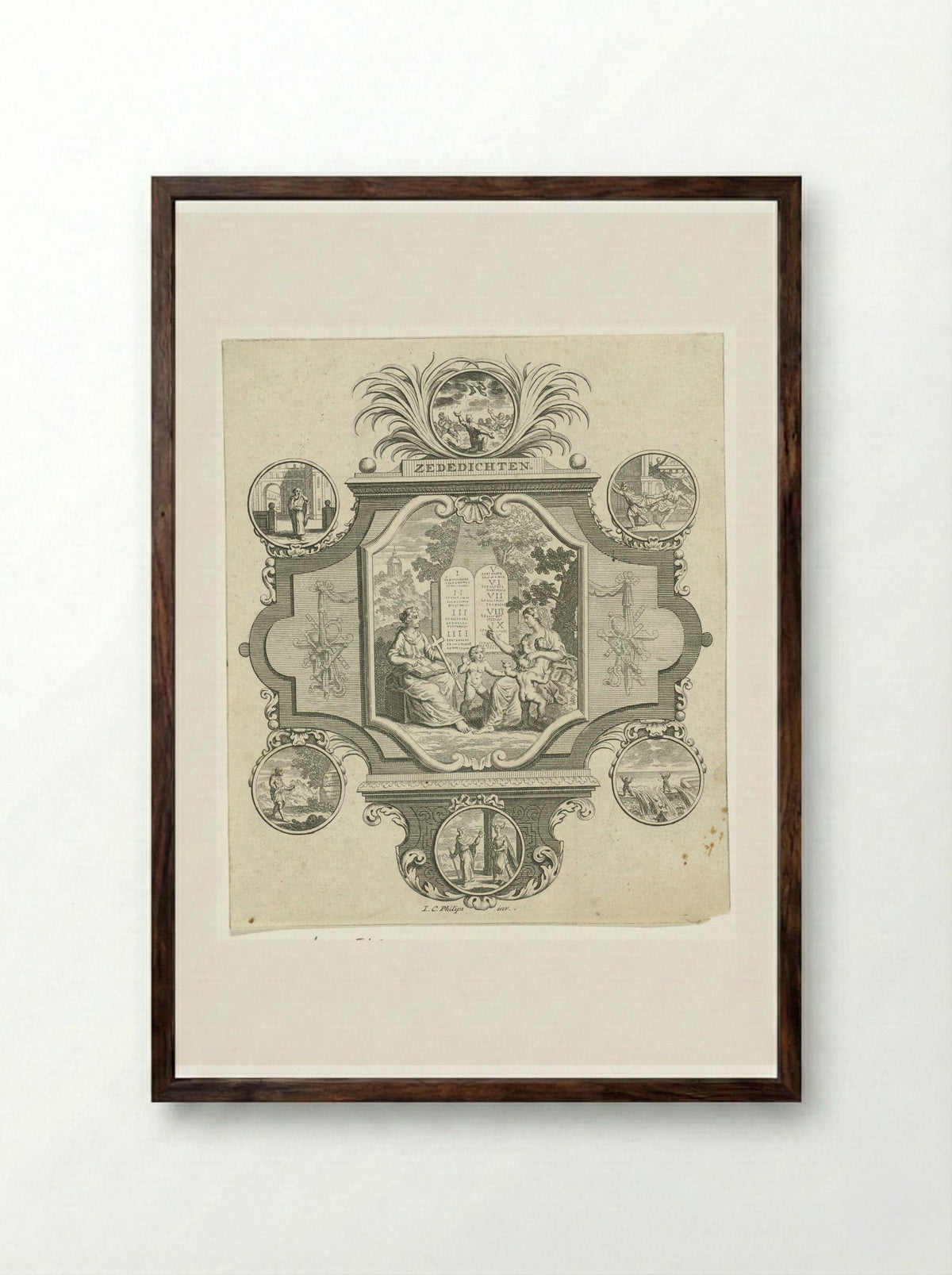 Cartouche met Geloof en Liefde bij de tien geboden - Jan Caspar Philips - Framed Print Dark Wood