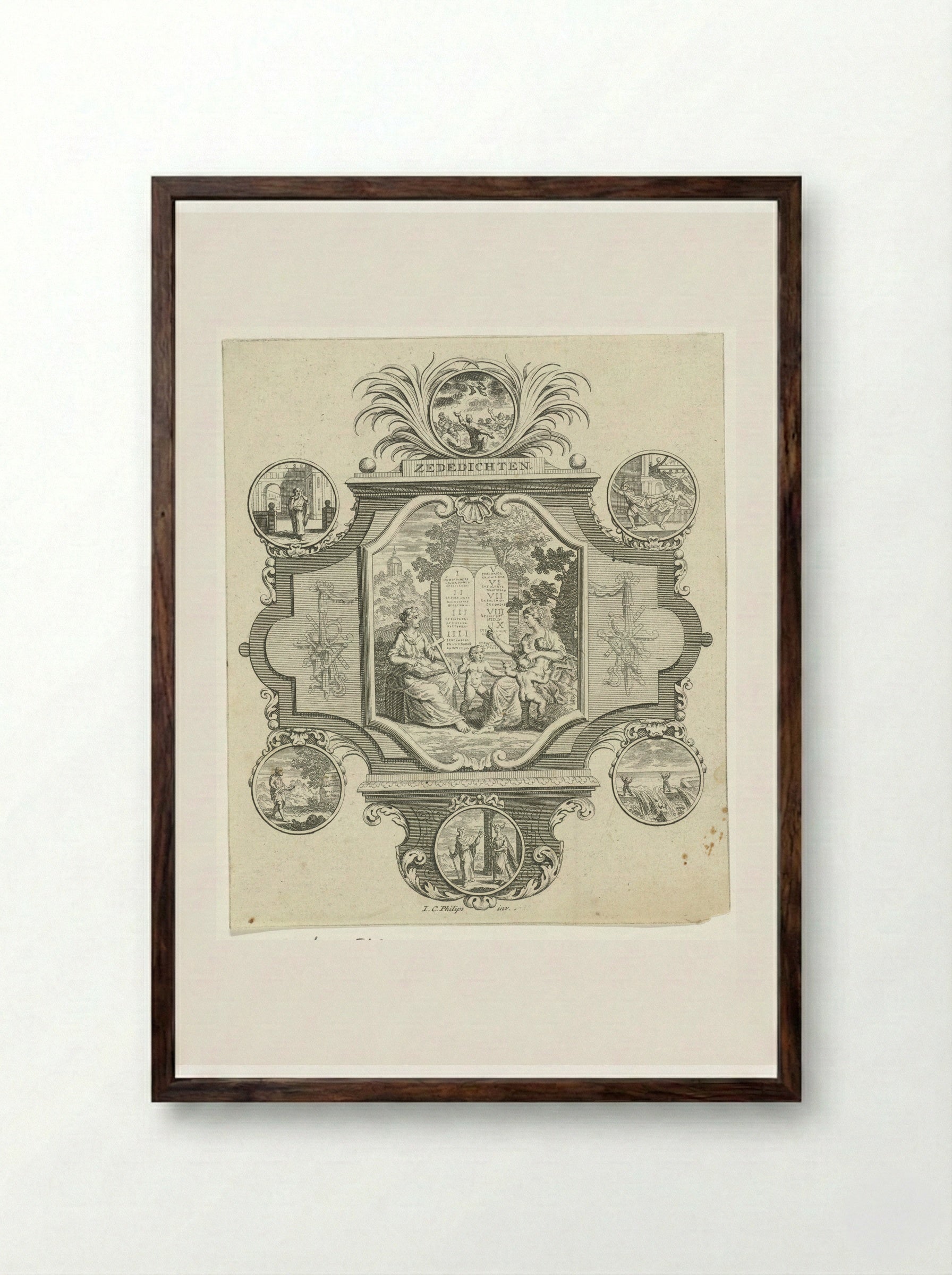 Cartouche met Geloof en Liefde bij de tien geboden - Jan Caspar Philips - Framed Print Dark Wood