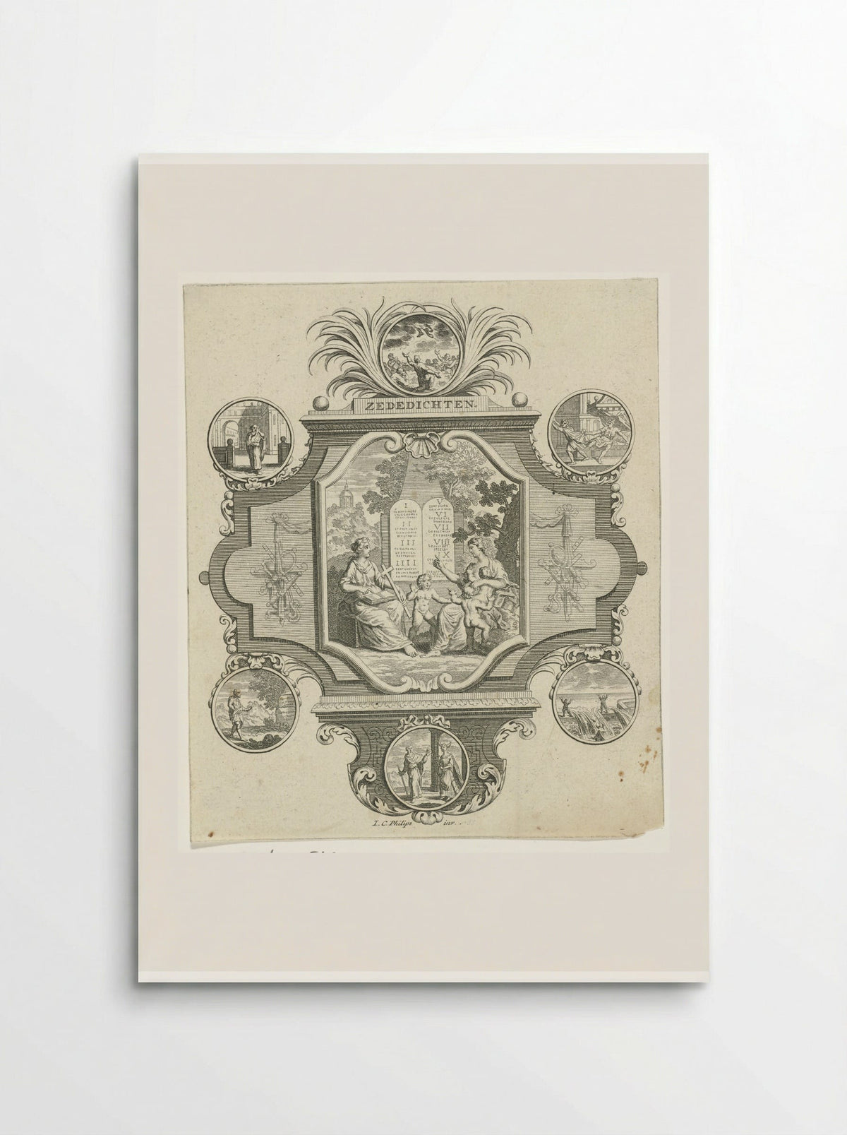 Cartouche met Geloof en Liefde bij de tien geboden - Jan Caspar Philips - Poster