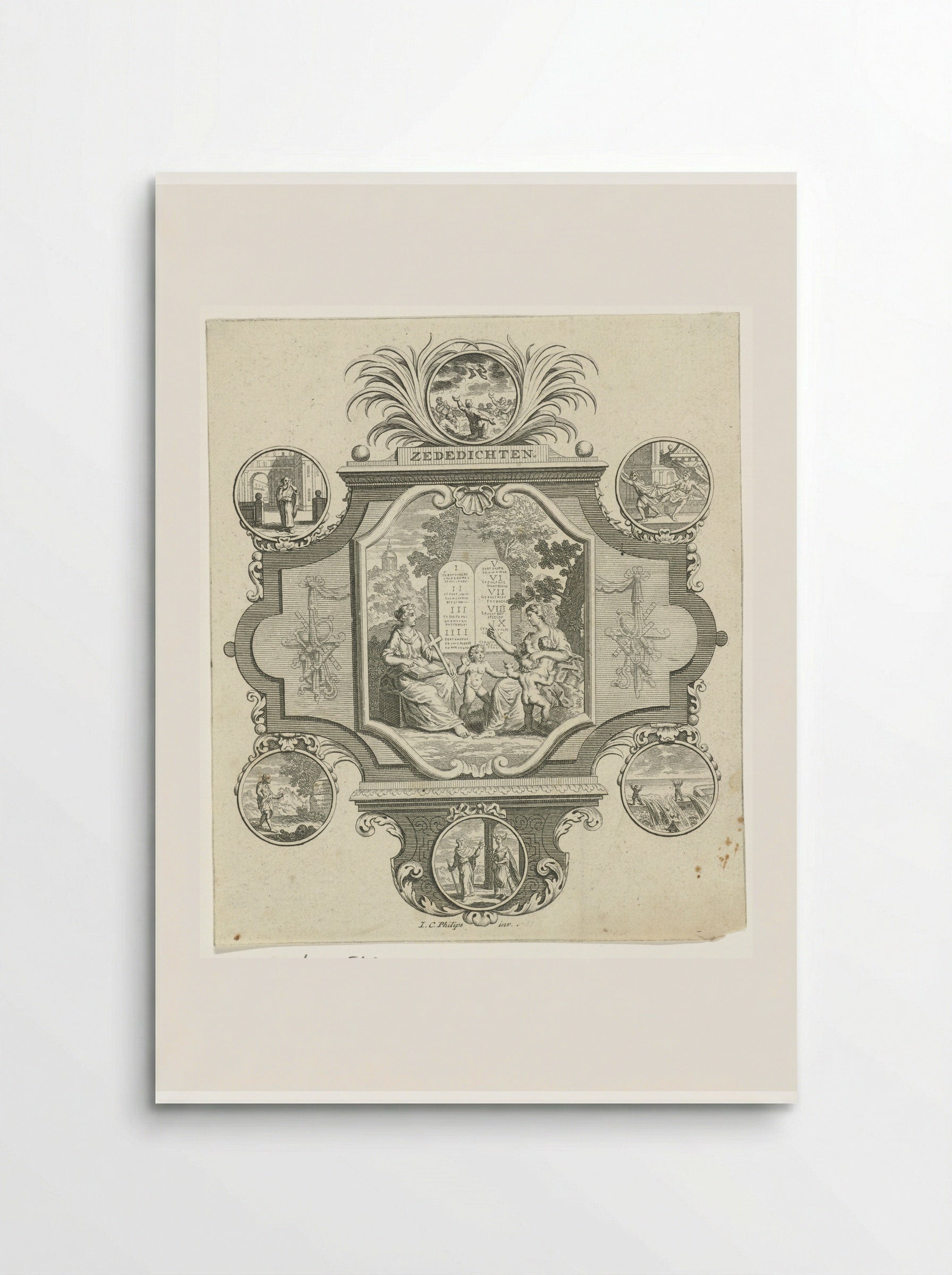 Cartouche met Geloof en Liefde bij de tien geboden - Jan Caspar Philips - Poster
