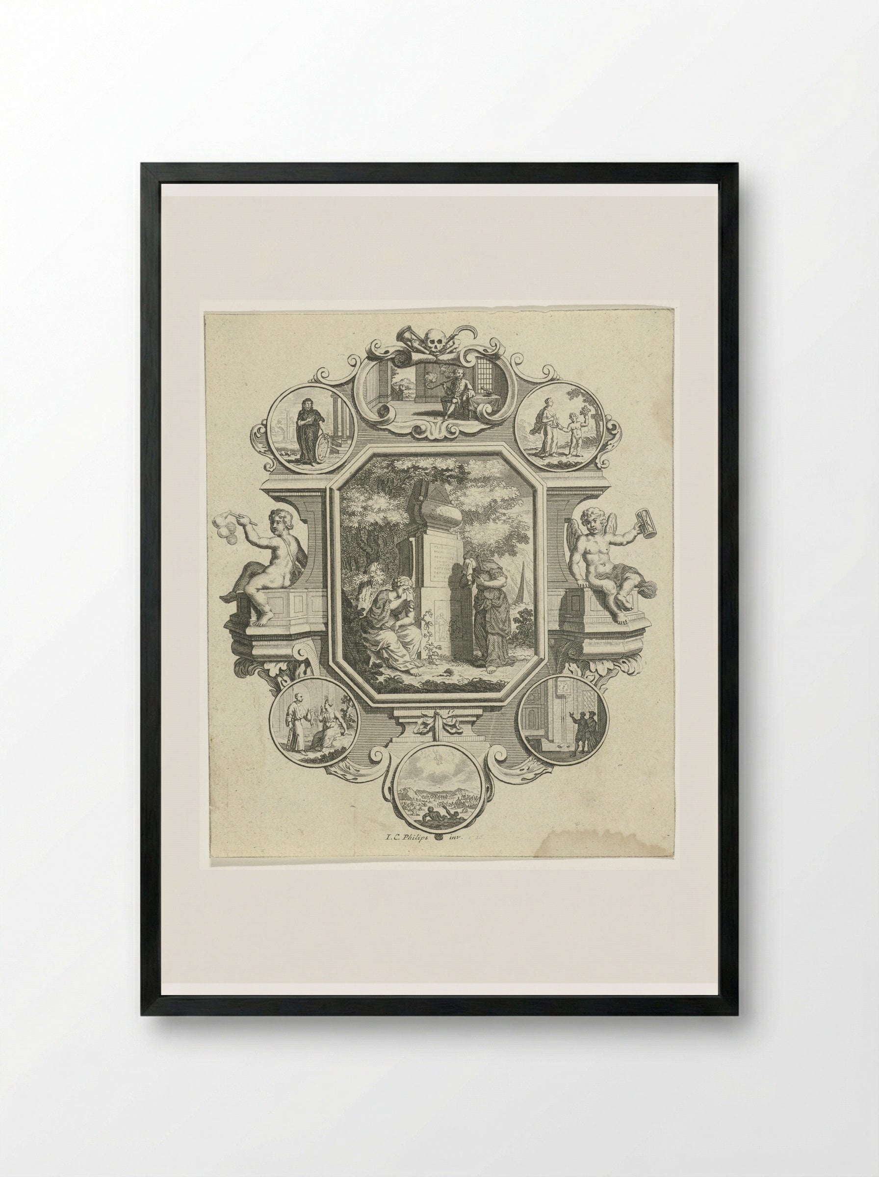 Cartouche met graftombe in een landschap - Jan Caspar Philips - Framed Print Black