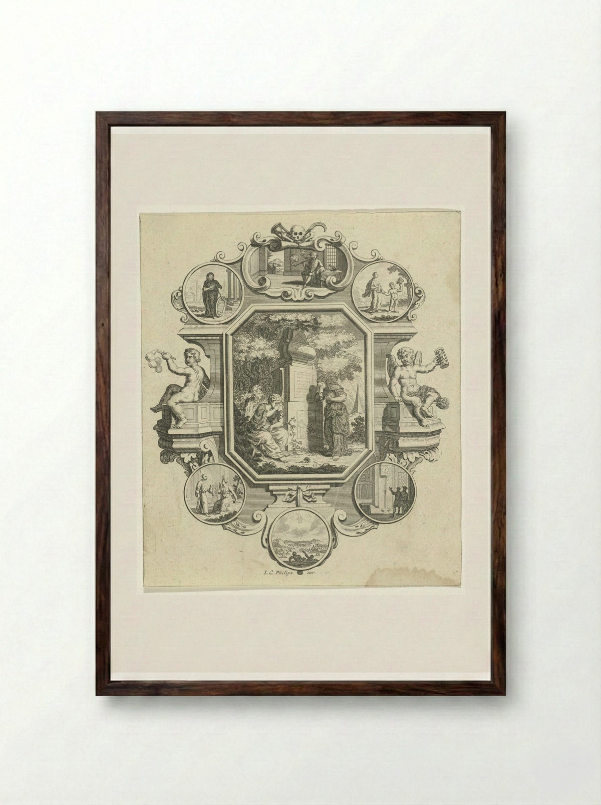 Cartouche met graftombe in een landschap - Jan Caspar Philips - Framed Print Dark Wood