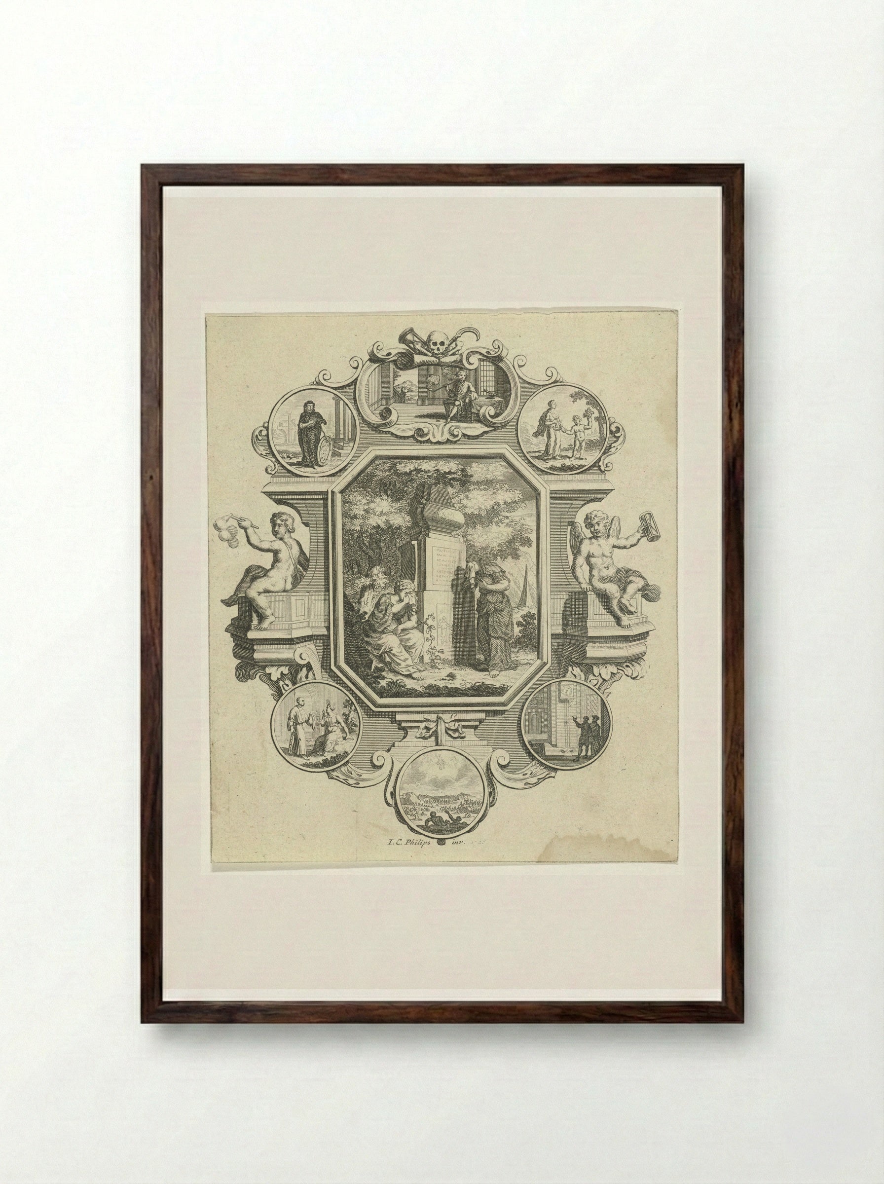 Cartouche met graftombe in een landschap - Jan Caspar Philips - Framed Print Dark Wood