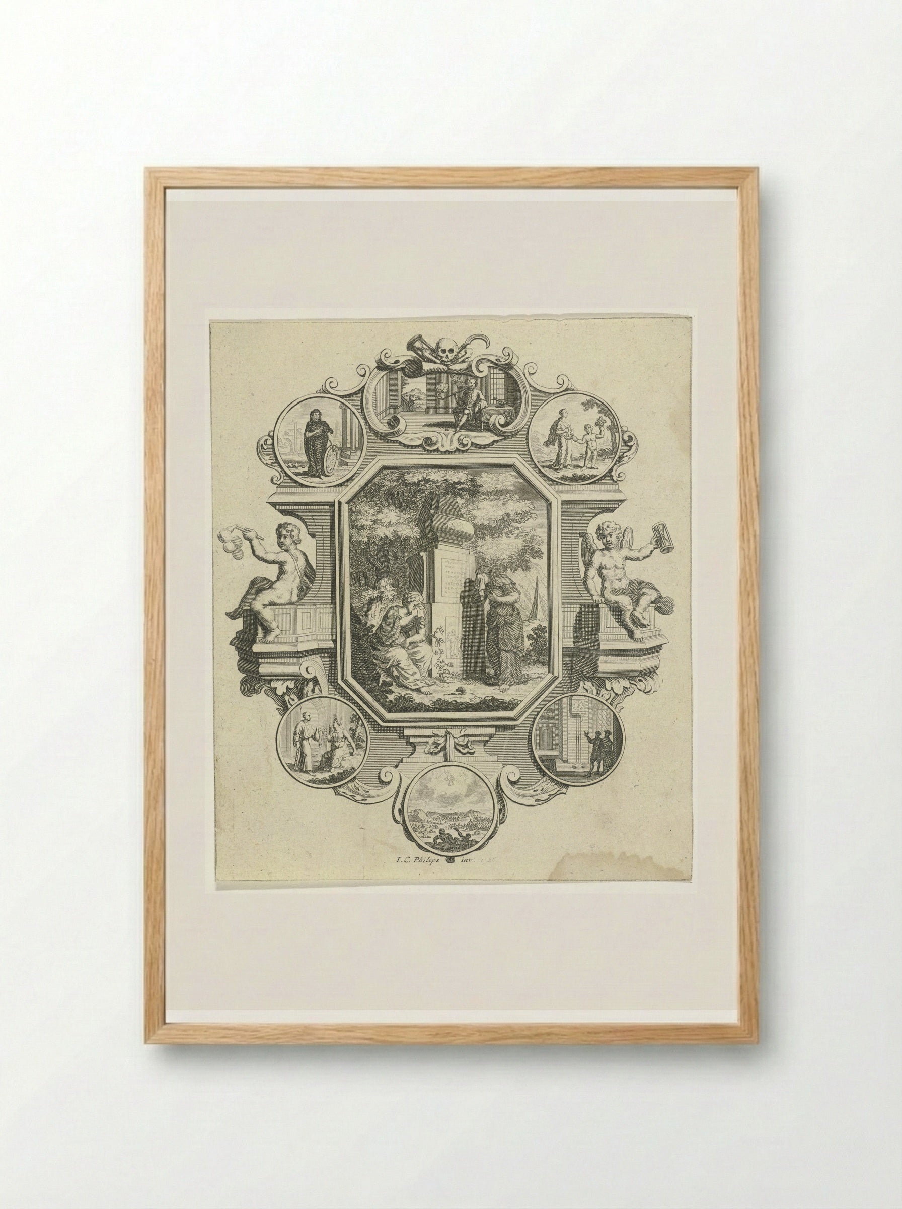 Cartouche met graftombe in een landschap - Jan Caspar Philips - Framed Print Wood