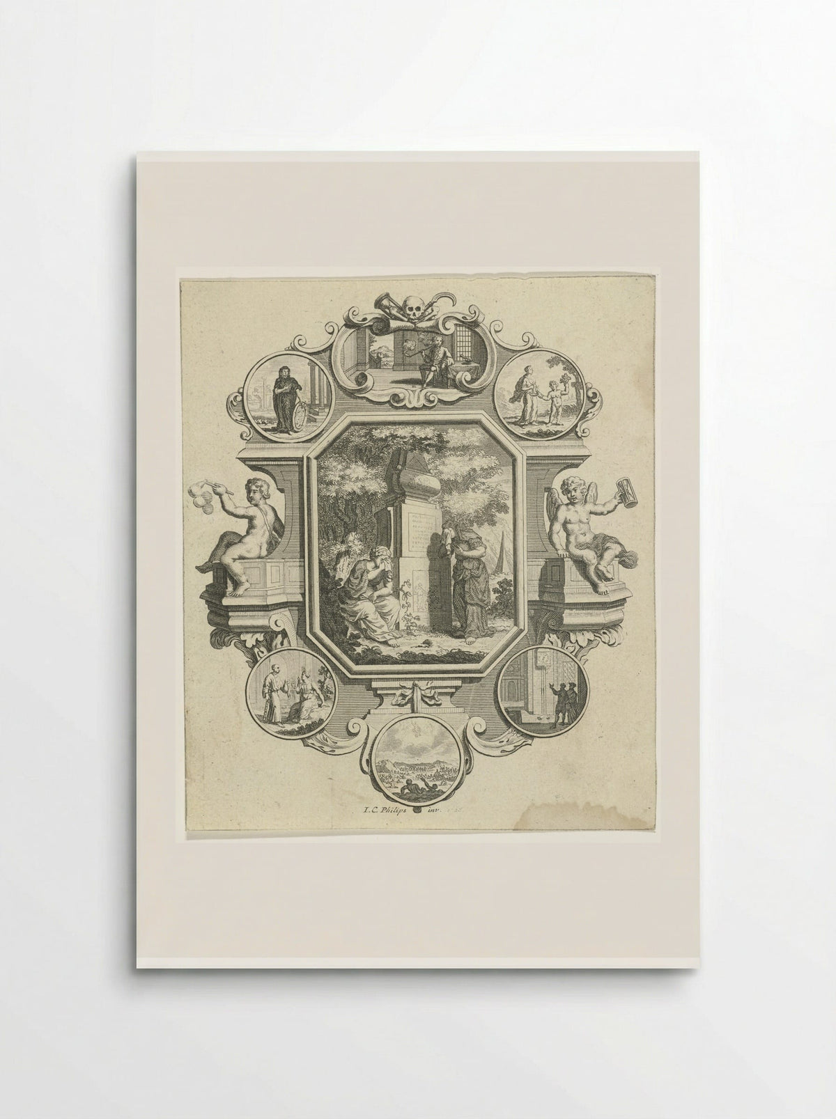 Cartouche met graftombe in een landschap - Jan Caspar Philips - Poster