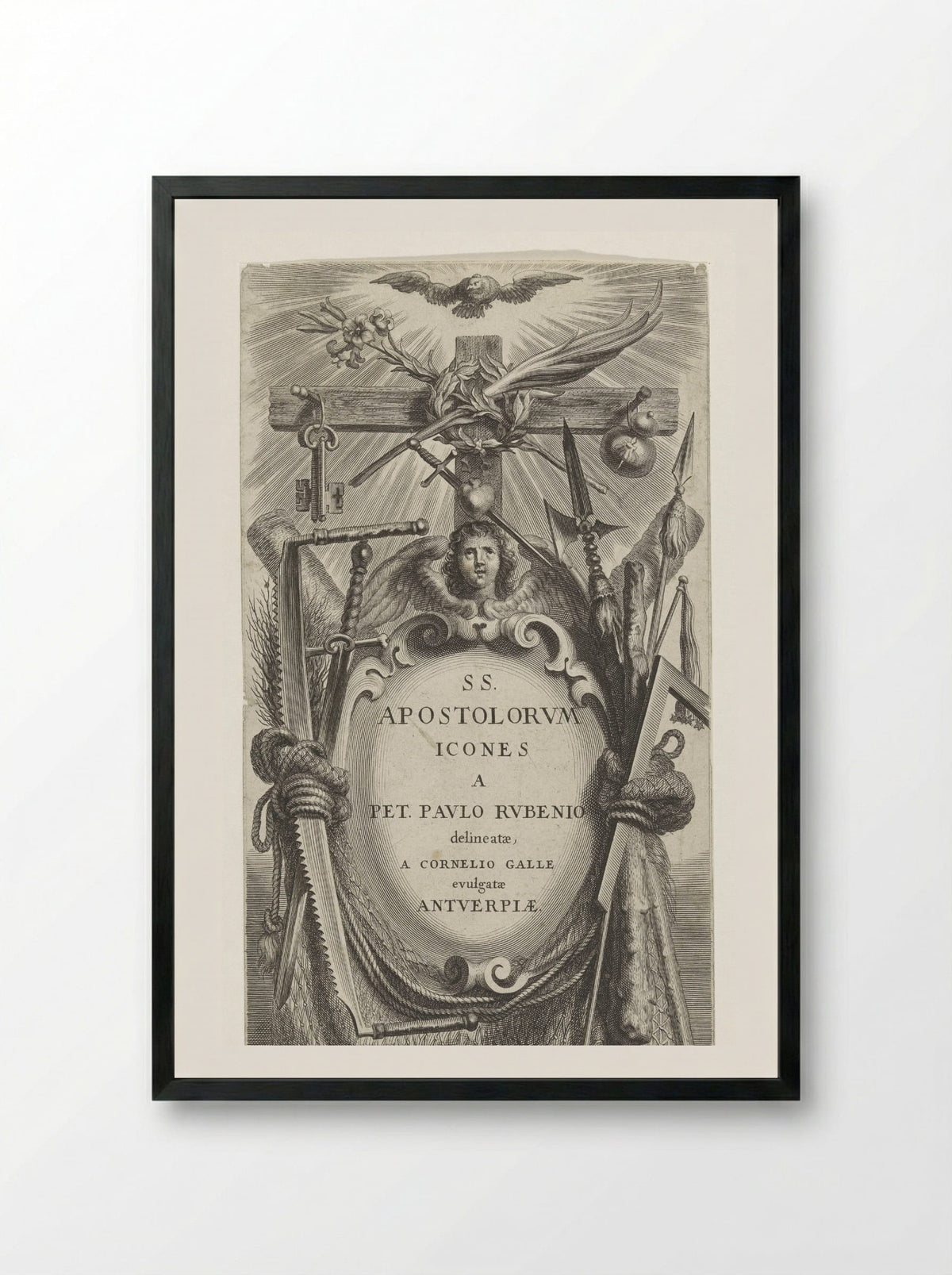 Cartouche with Attributes of the Apostles - Schelte Adamsz. Bolswert - Framed Print Black