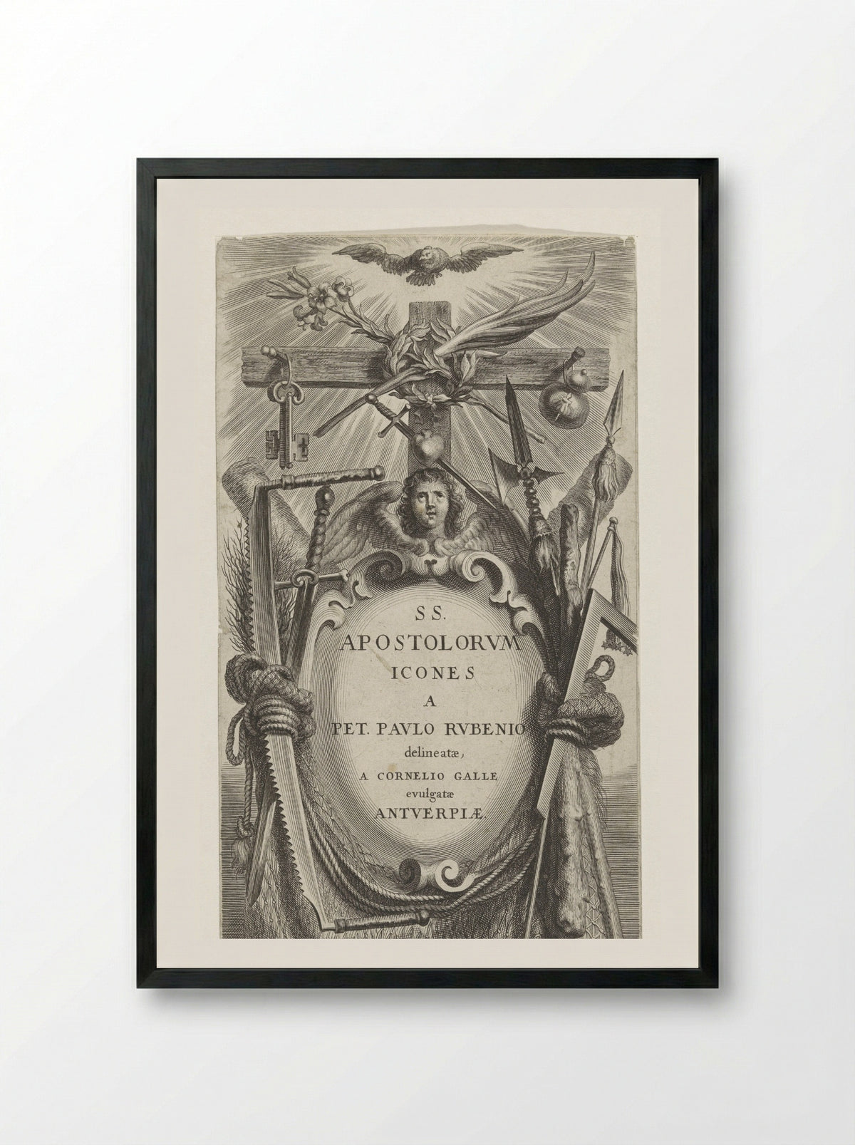 Cartouche with Attributes of the Apostles - Schelte Adamsz. Bolswert - Framed Print Black