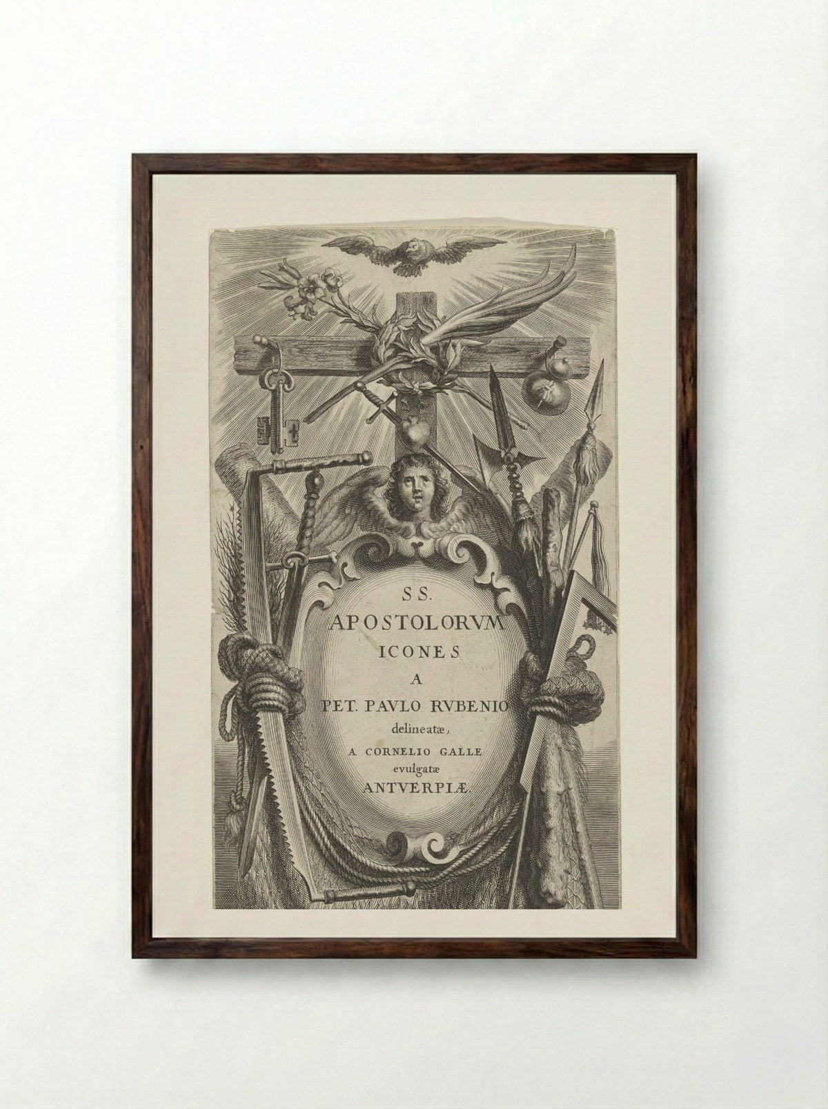 Cartouche with Attributes of the Apostles - Schelte Adamsz. Bolswert - Framed Print Dark Wood