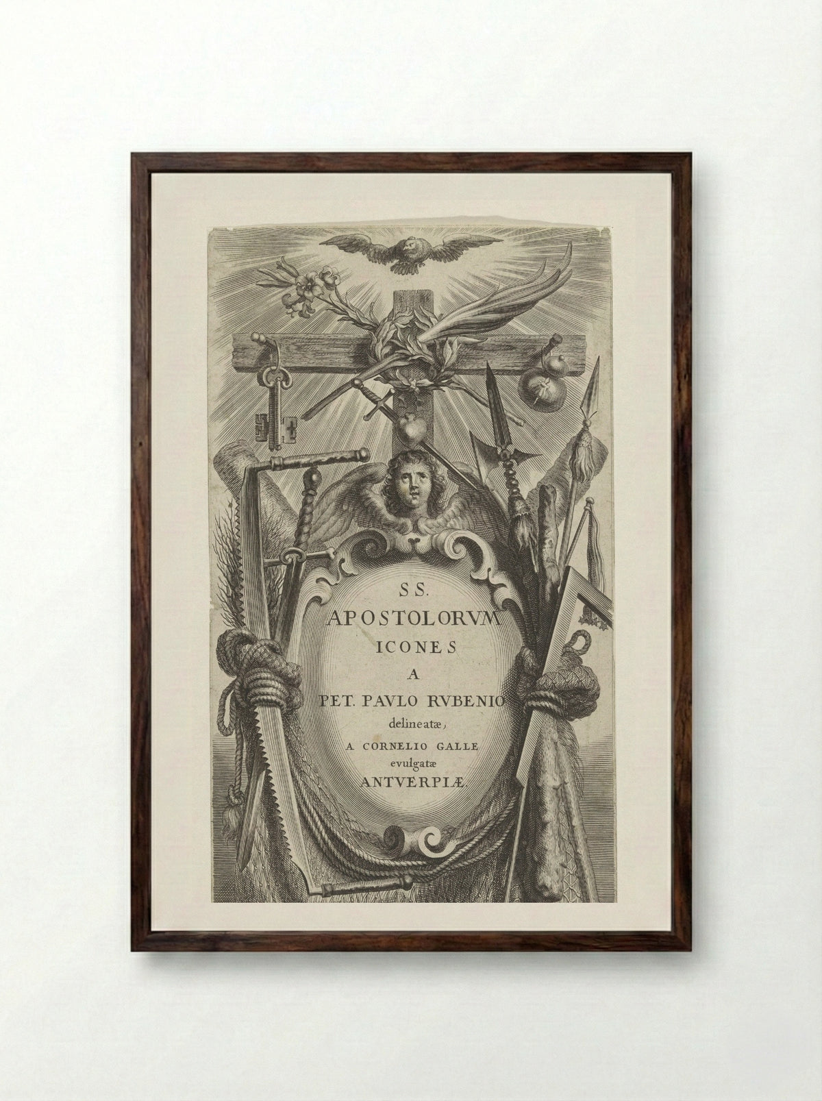 Cartouche with Attributes of the Apostles - Schelte Adamsz. Bolswert - Framed Print Dark Wood