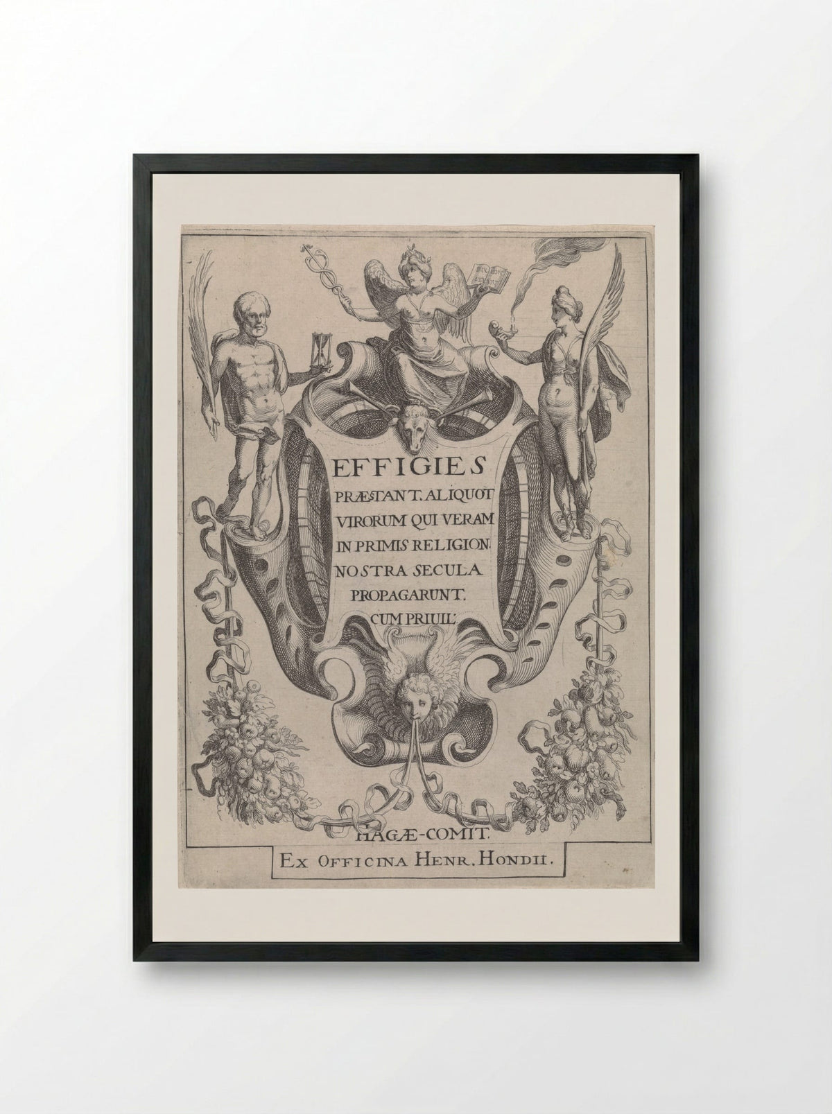 Cartouche with Garlands and Figures - Simon Frisius - Framed Print Black