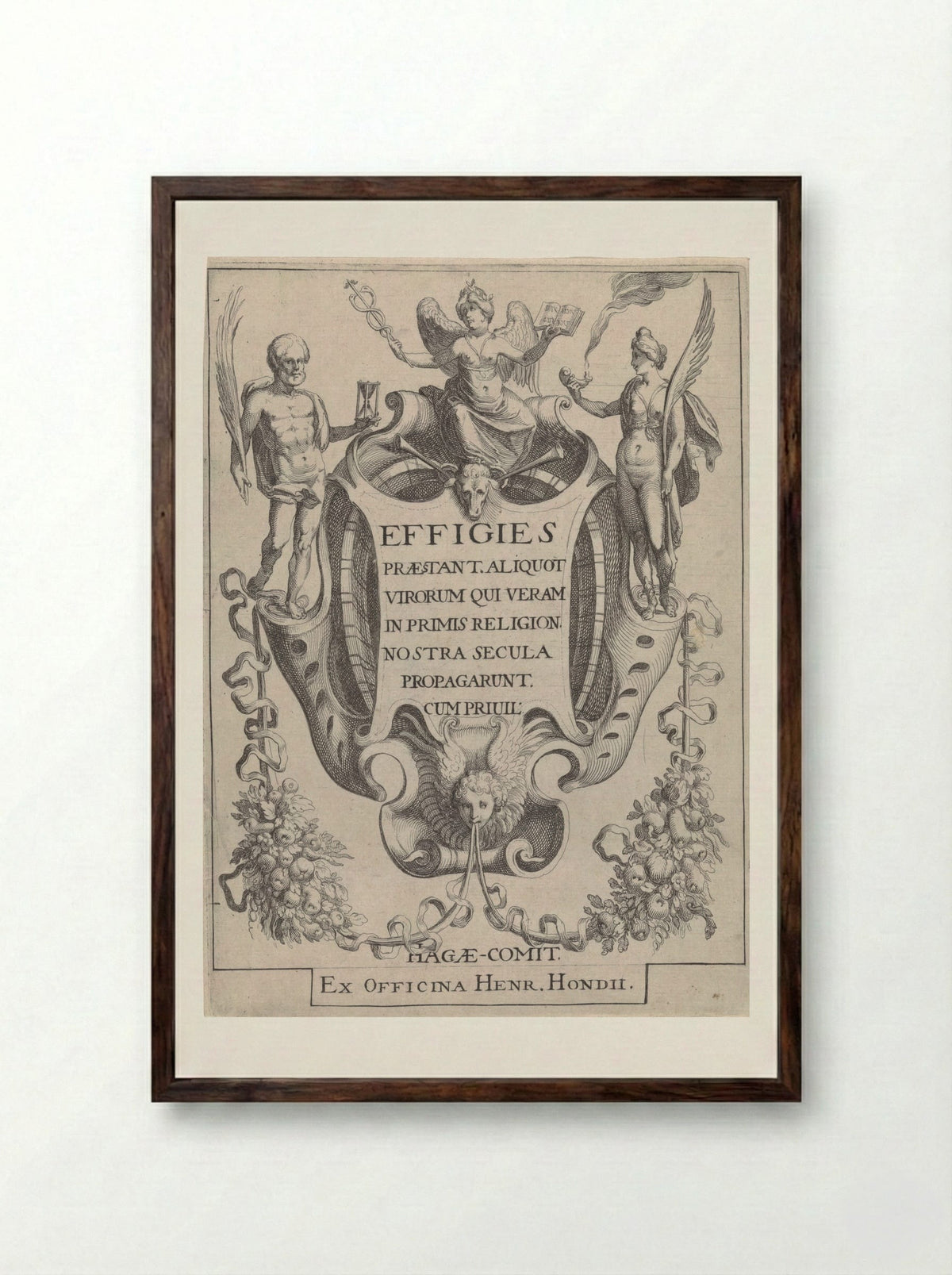 Cartouche with Garlands and Figures - Simon Frisius - Framed Print Dark Wood