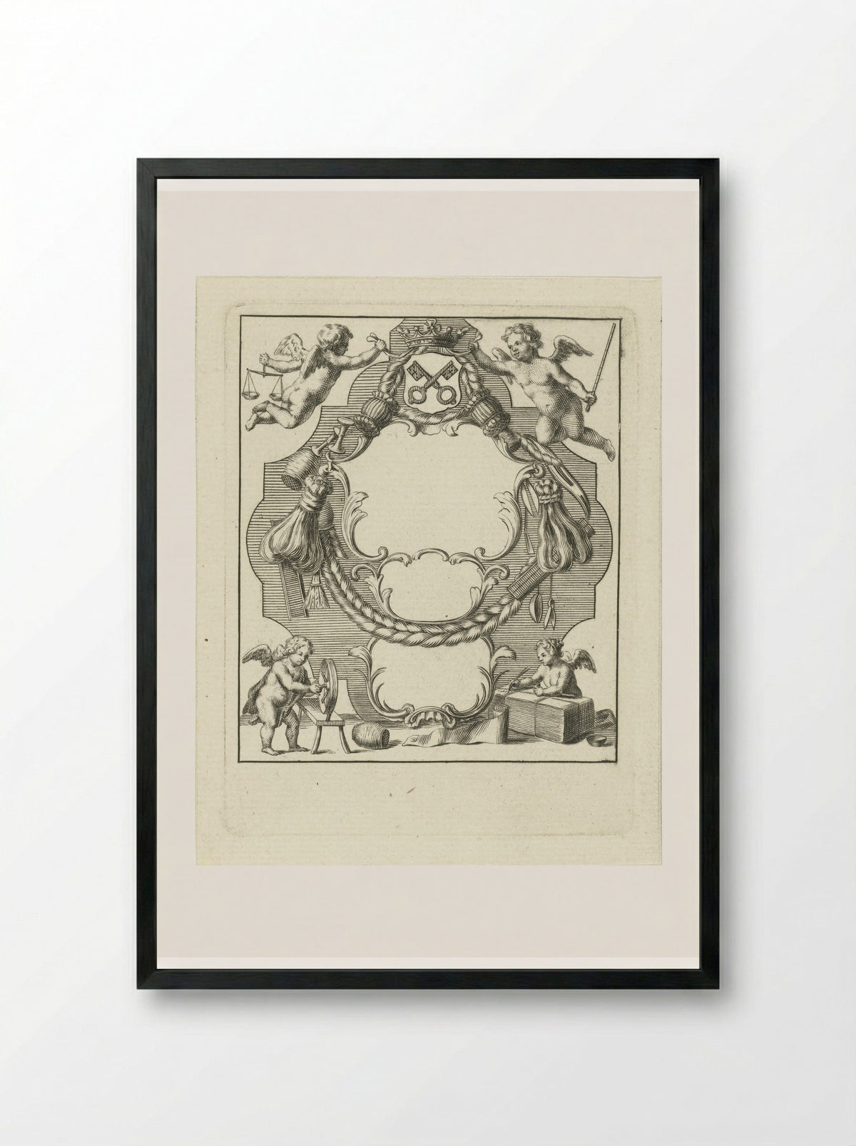 Cartouche with Putti and Wool Industry Implements - Abraham Delfos - Framed Print Black