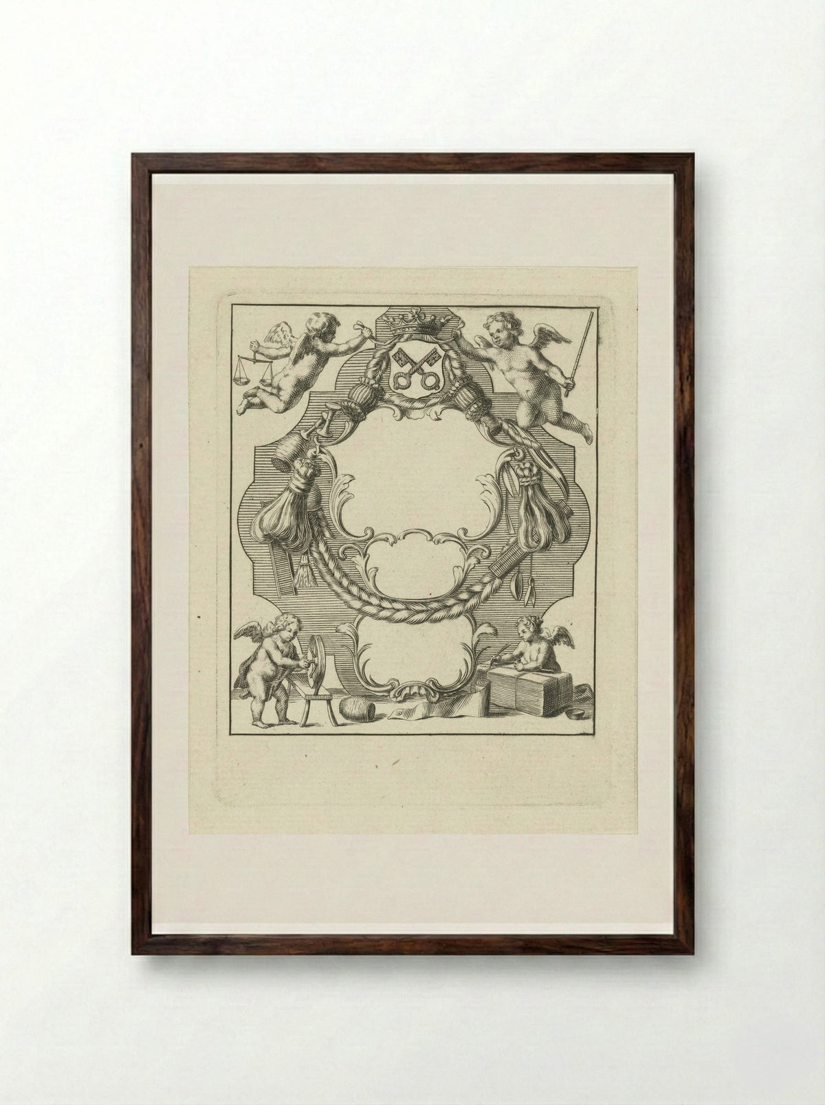 Cartouche with Putti and Wool Industry Implements - Abraham Delfos - Framed Print Dark Wood