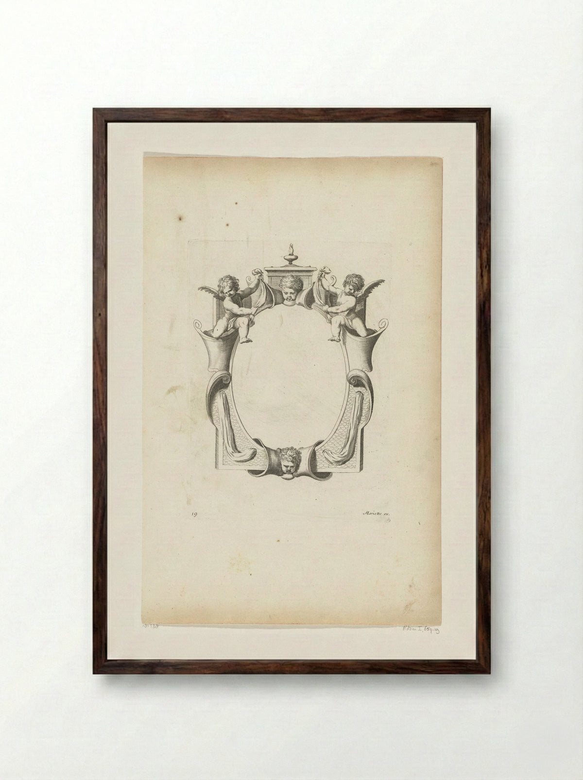 Cartouche with Two Children's Heads and Two Putti - Pierre Firens - Framed Print Dark Wood