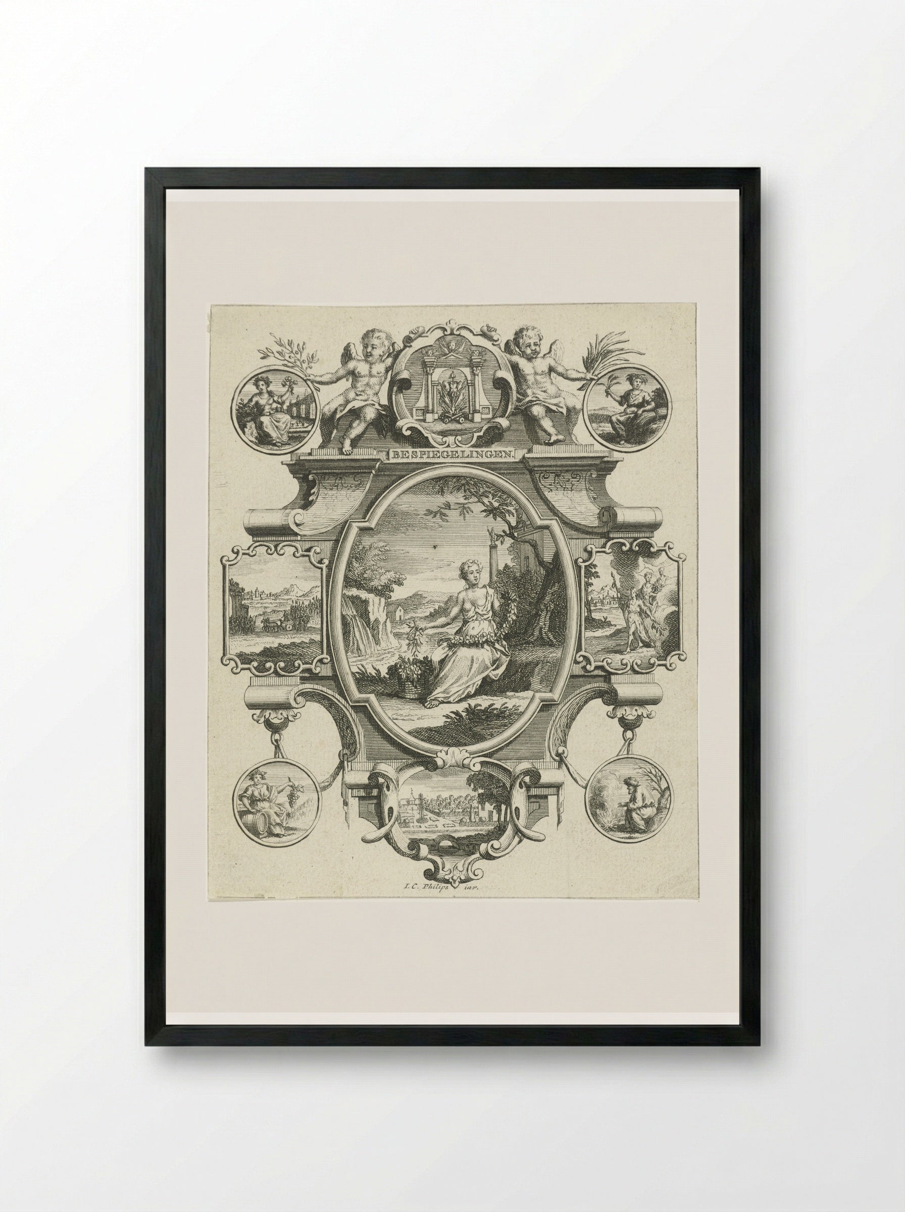Cartouche with Woman in a Landscape - Jan Caspar Philips - Framed Print Black