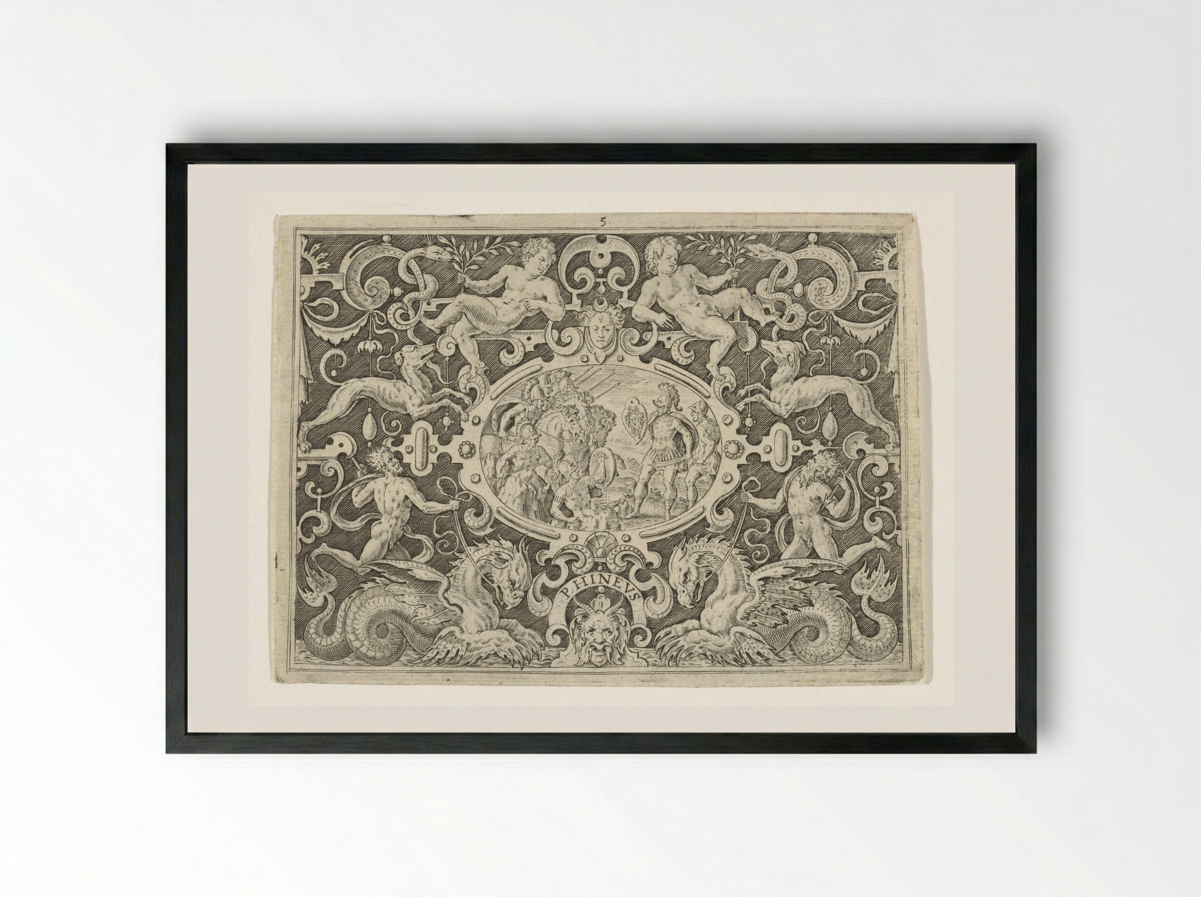Cartouche: Perseus toont zijn Medusaschild aan Phineus - Abraham de Bruyn - Framed Print Black